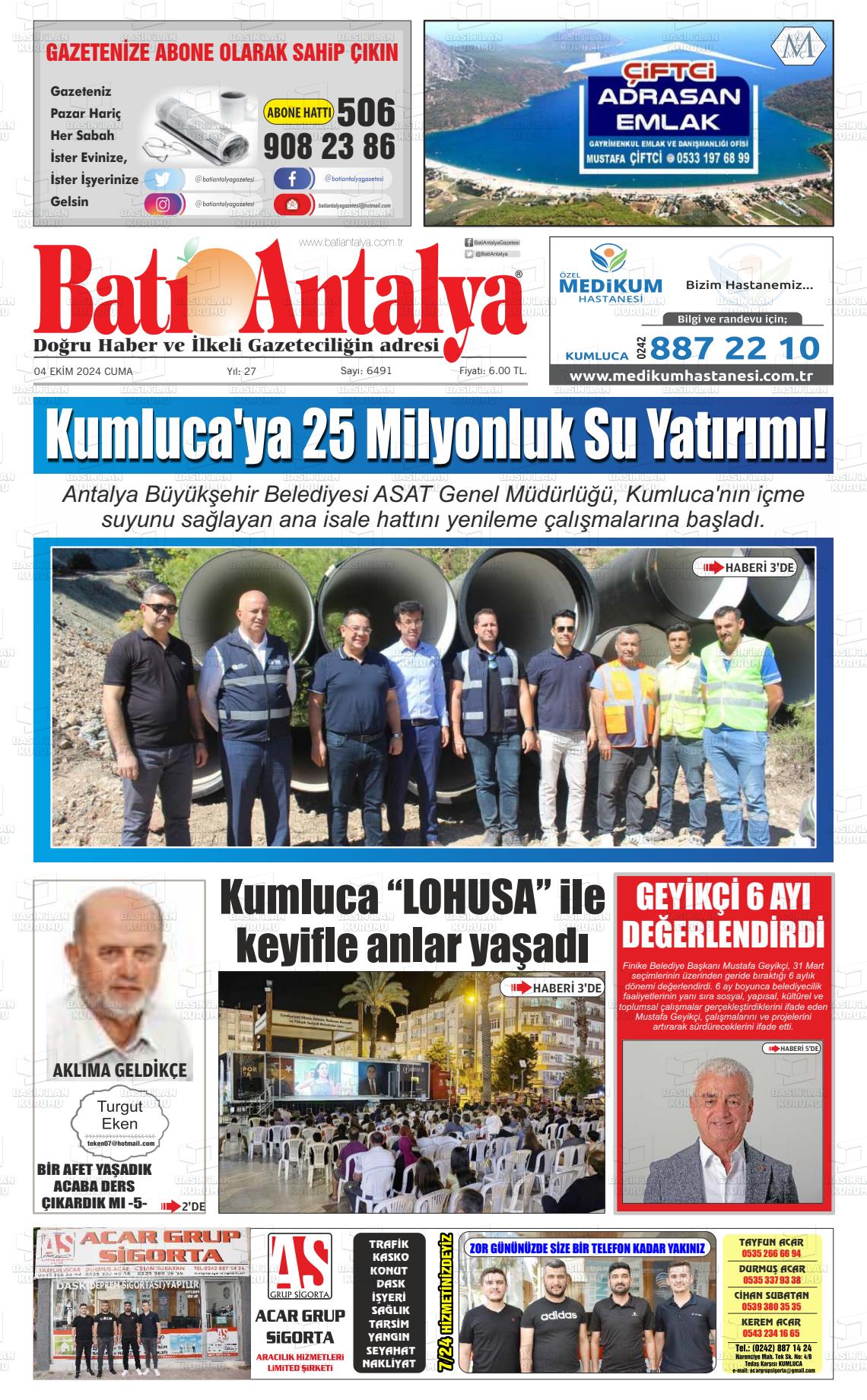 04 Ekim 2024 Batı Antalya Gazete Manşeti