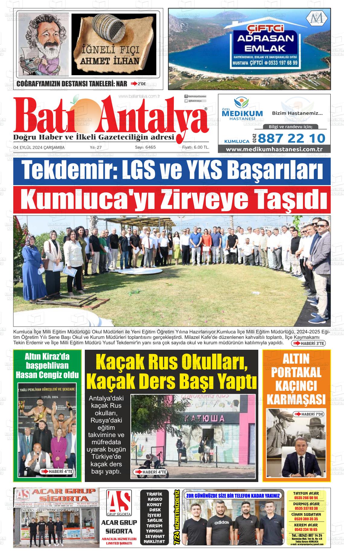 04 Eylül 2024 Batı Antalya Gazete Manşeti