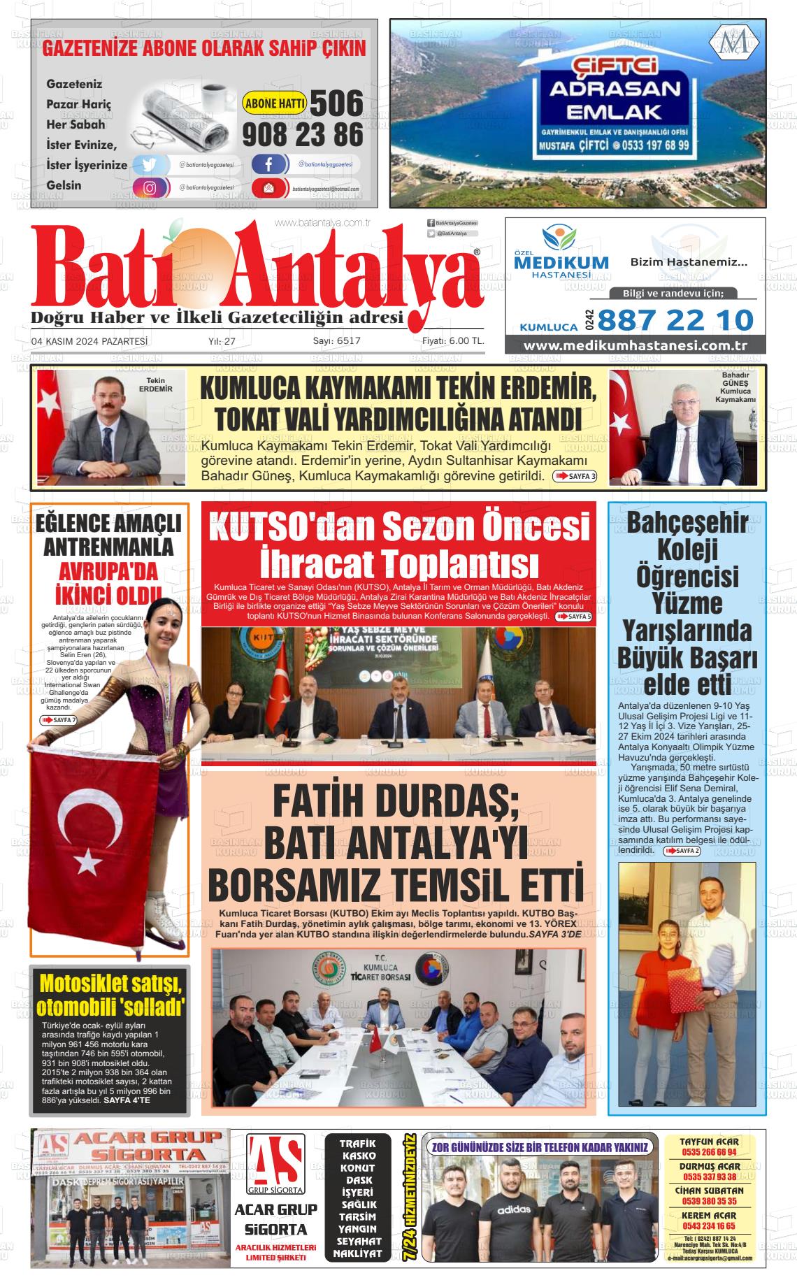 04 Kasım 2024 Batı Antalya Gazete Manşeti