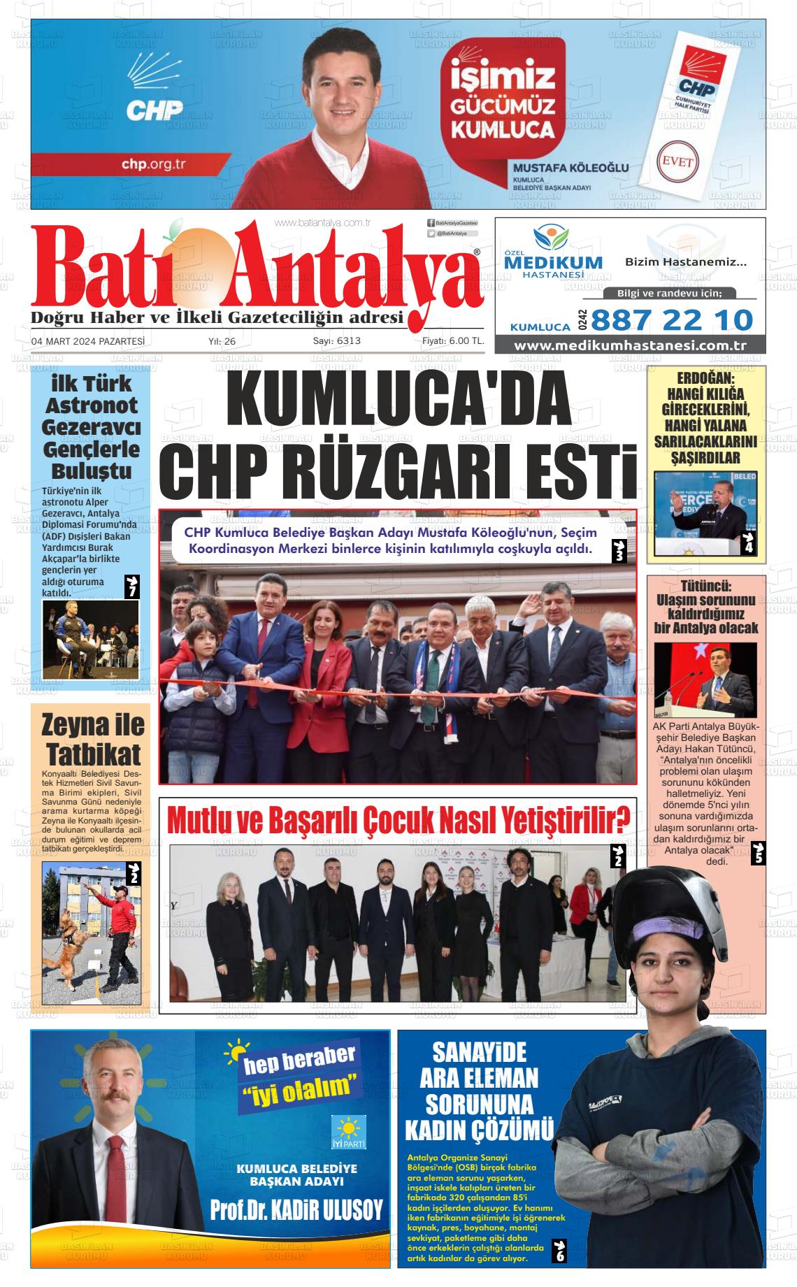 04 Mart 2024 Batı Antalya Gazete Manşeti