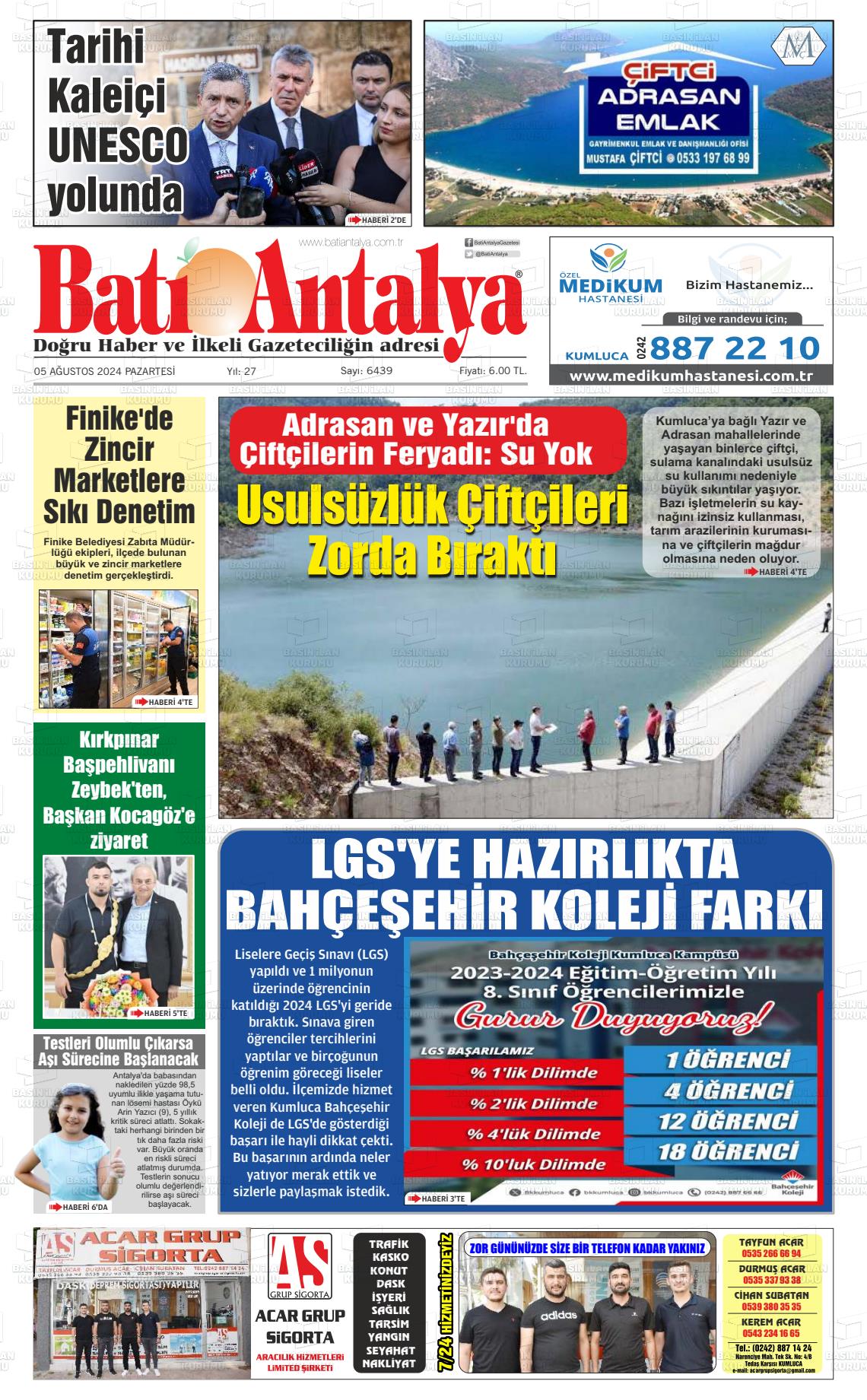 05 Ağustos 2024 Batı Antalya Gazete Manşeti