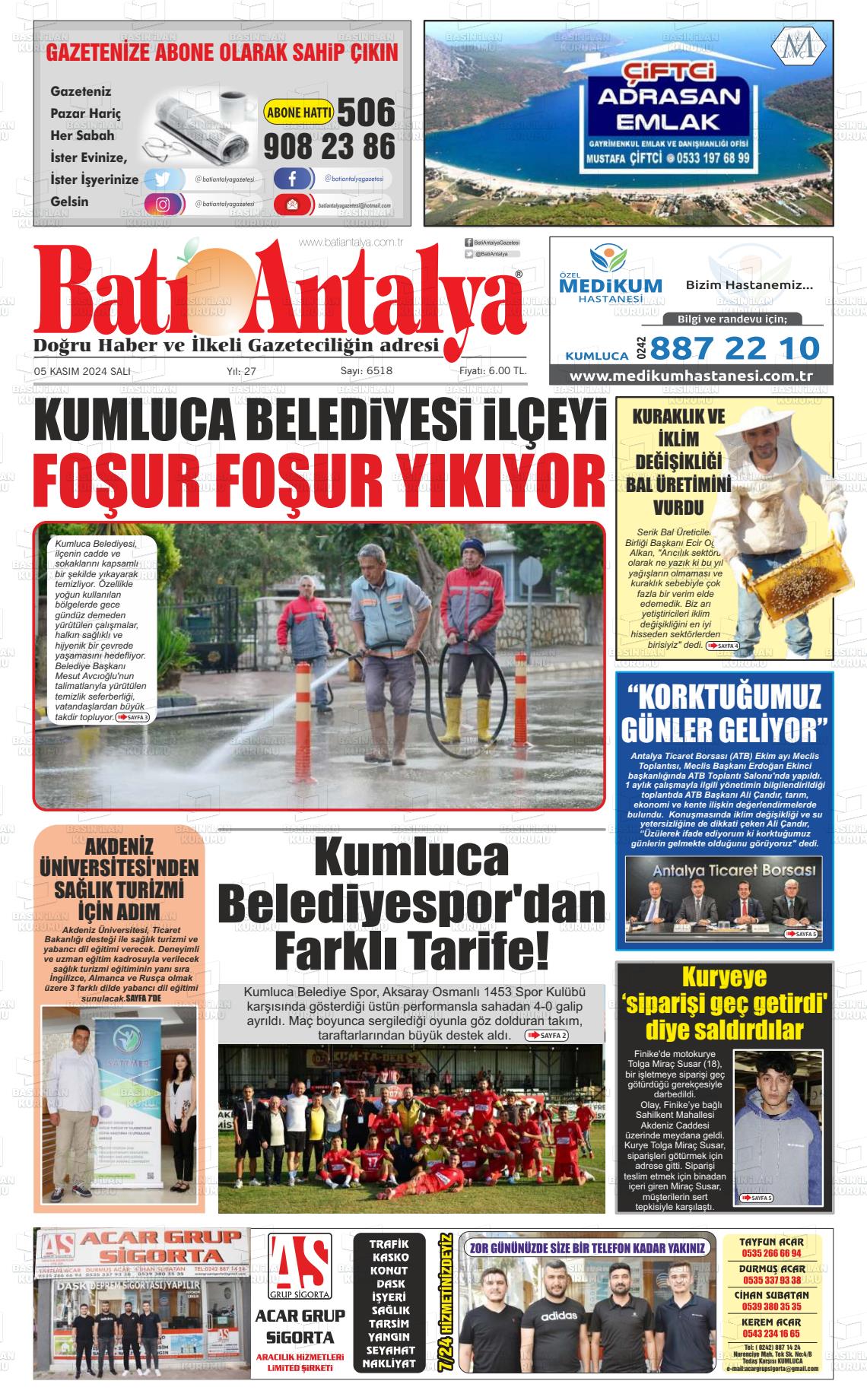 05 Kasım 2024 Batı Antalya Gazete Manşeti