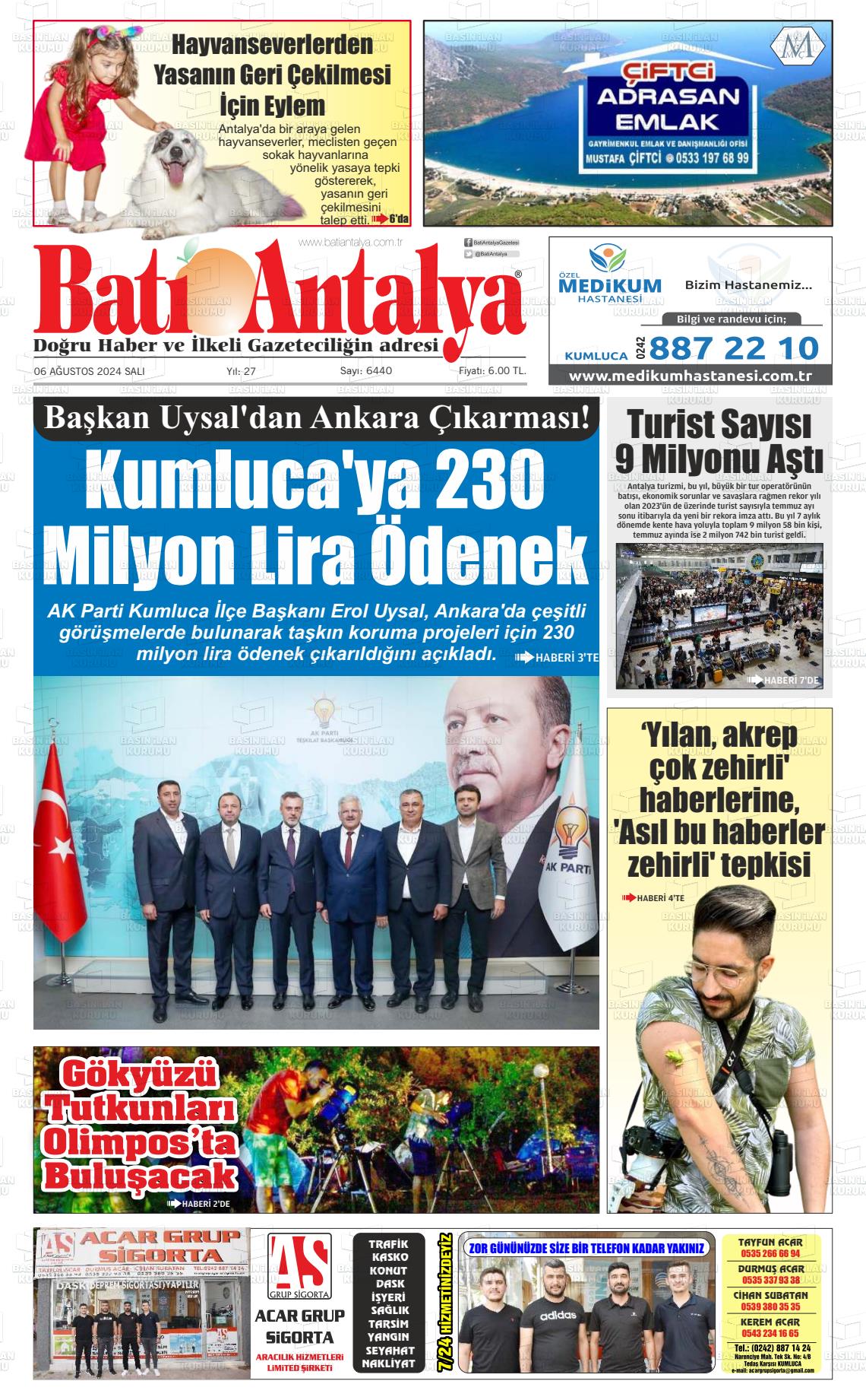 06 Ağustos 2024 Batı Antalya Gazete Manşeti