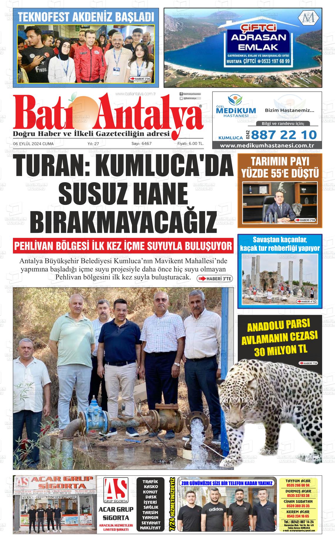 06 Eylül 2024 Batı Antalya Gazete Manşeti