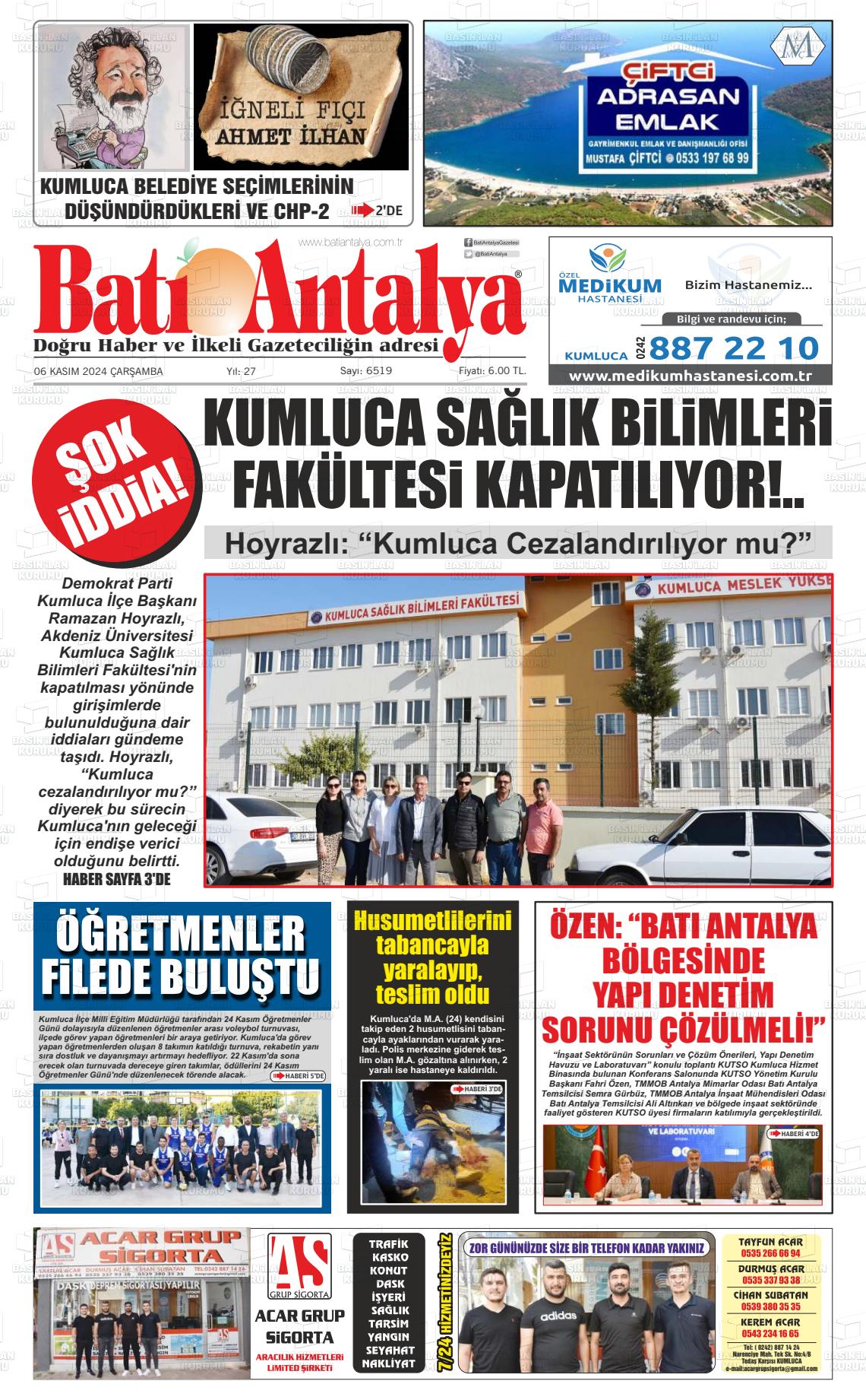 06 Kasım 2024 Batı Antalya Gazete Manşeti