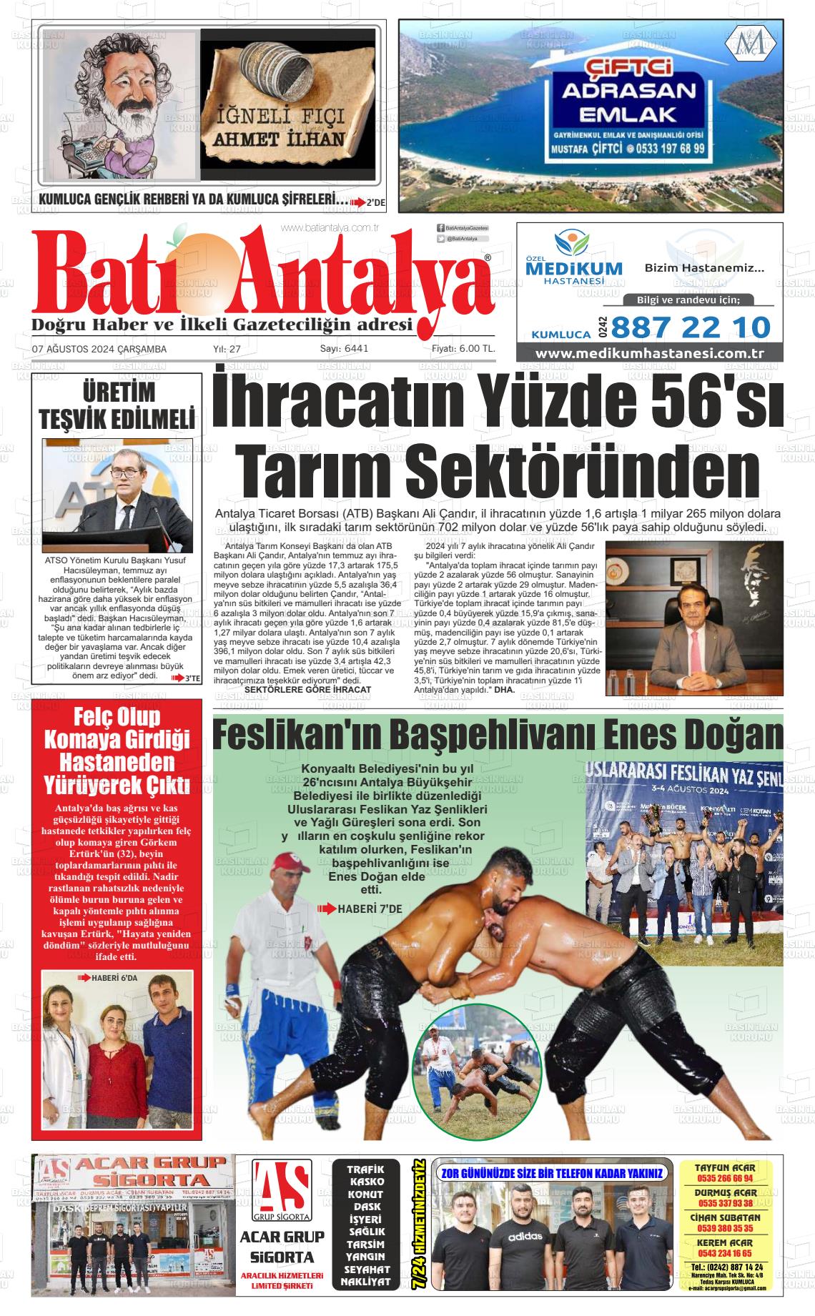 07 Ağustos 2024 Batı Antalya Gazete Manşeti