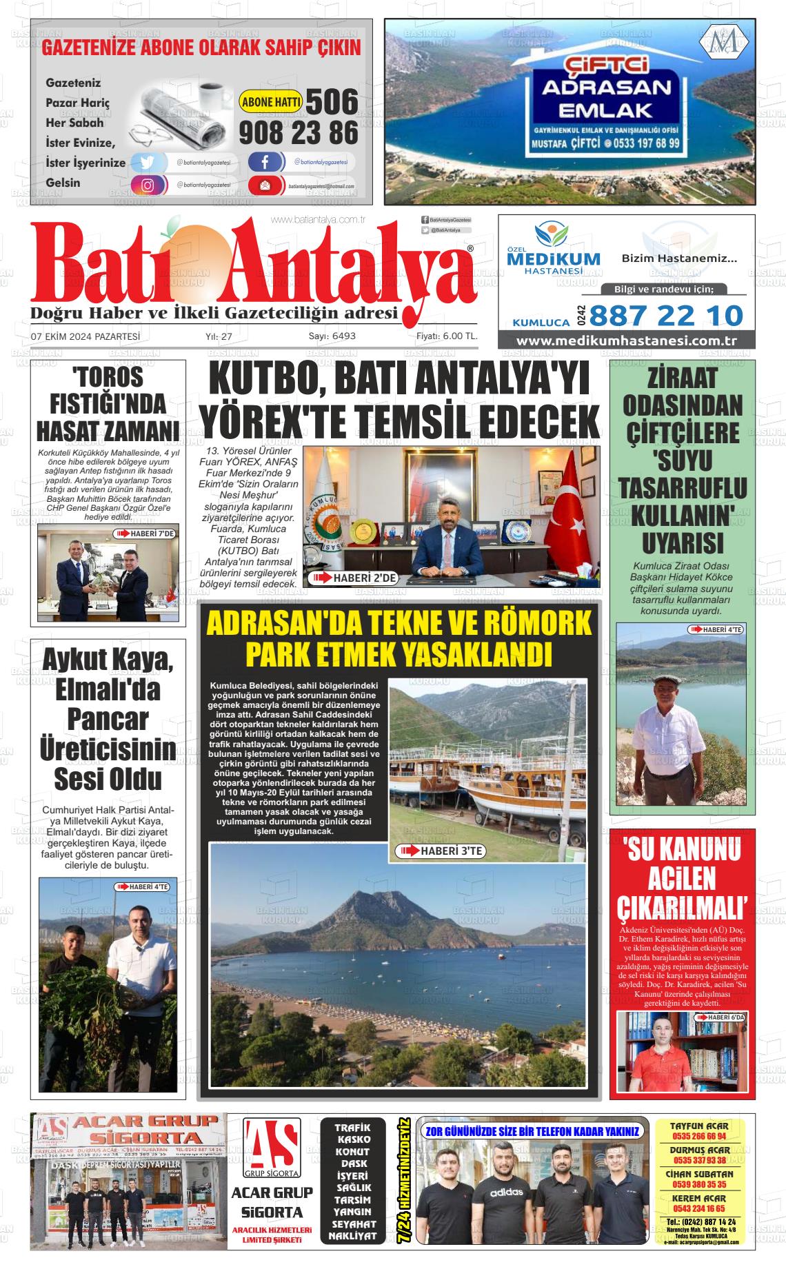 07 Ekim 2024 Batı Antalya Gazete Manşeti