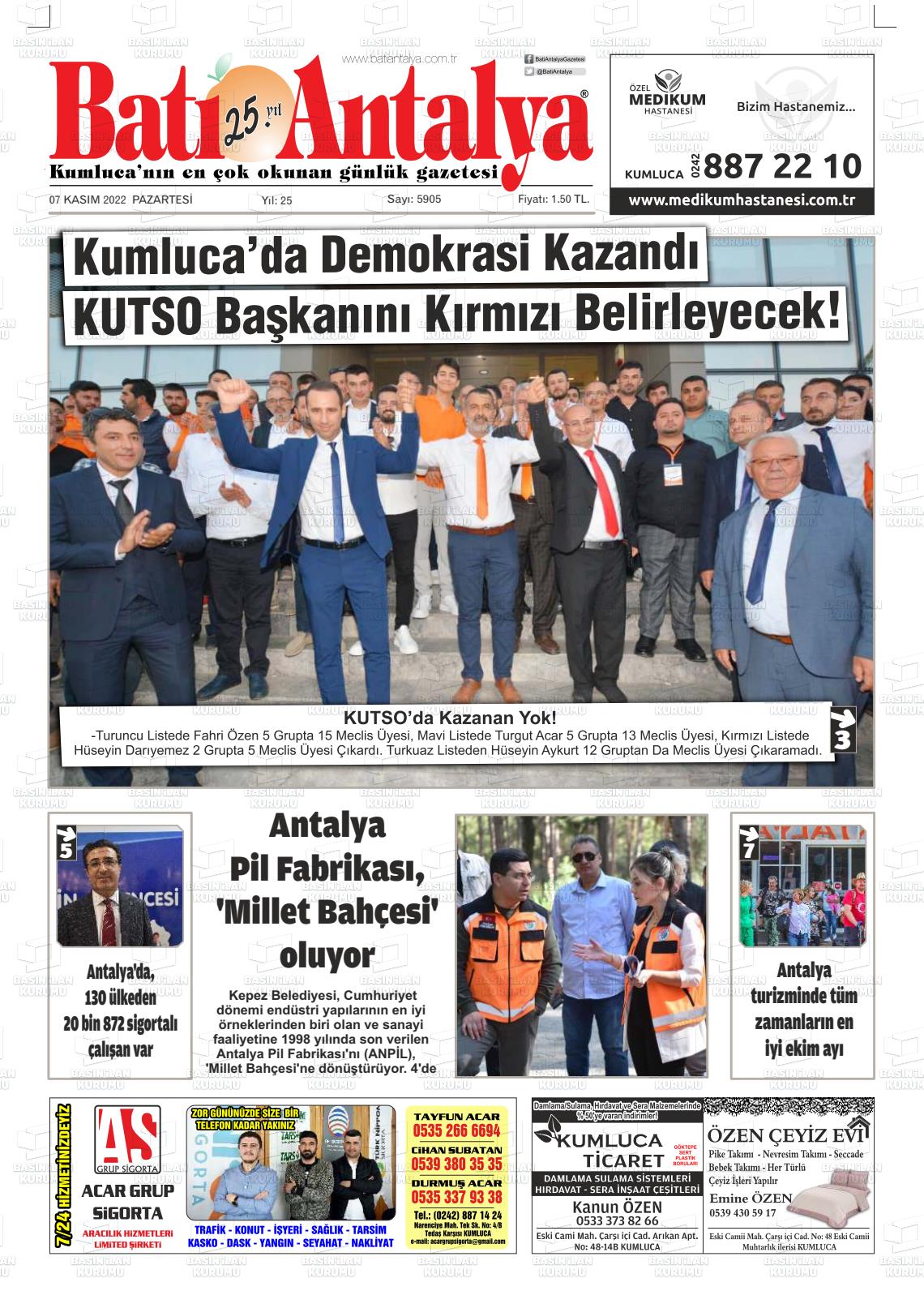 07 Kasım 2022 Batı Antalya Gazete Manşeti