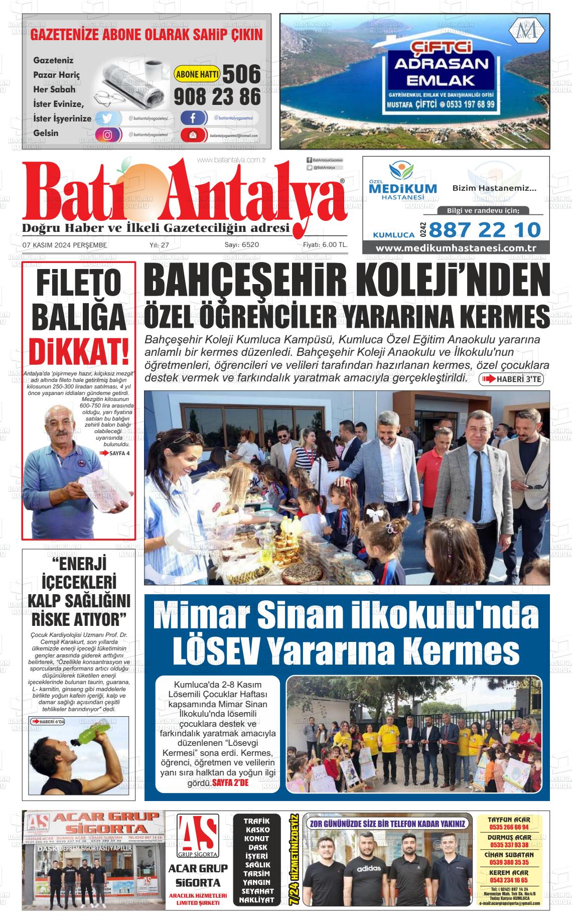 07 Kasım 2024 Batı Antalya Gazete Manşeti