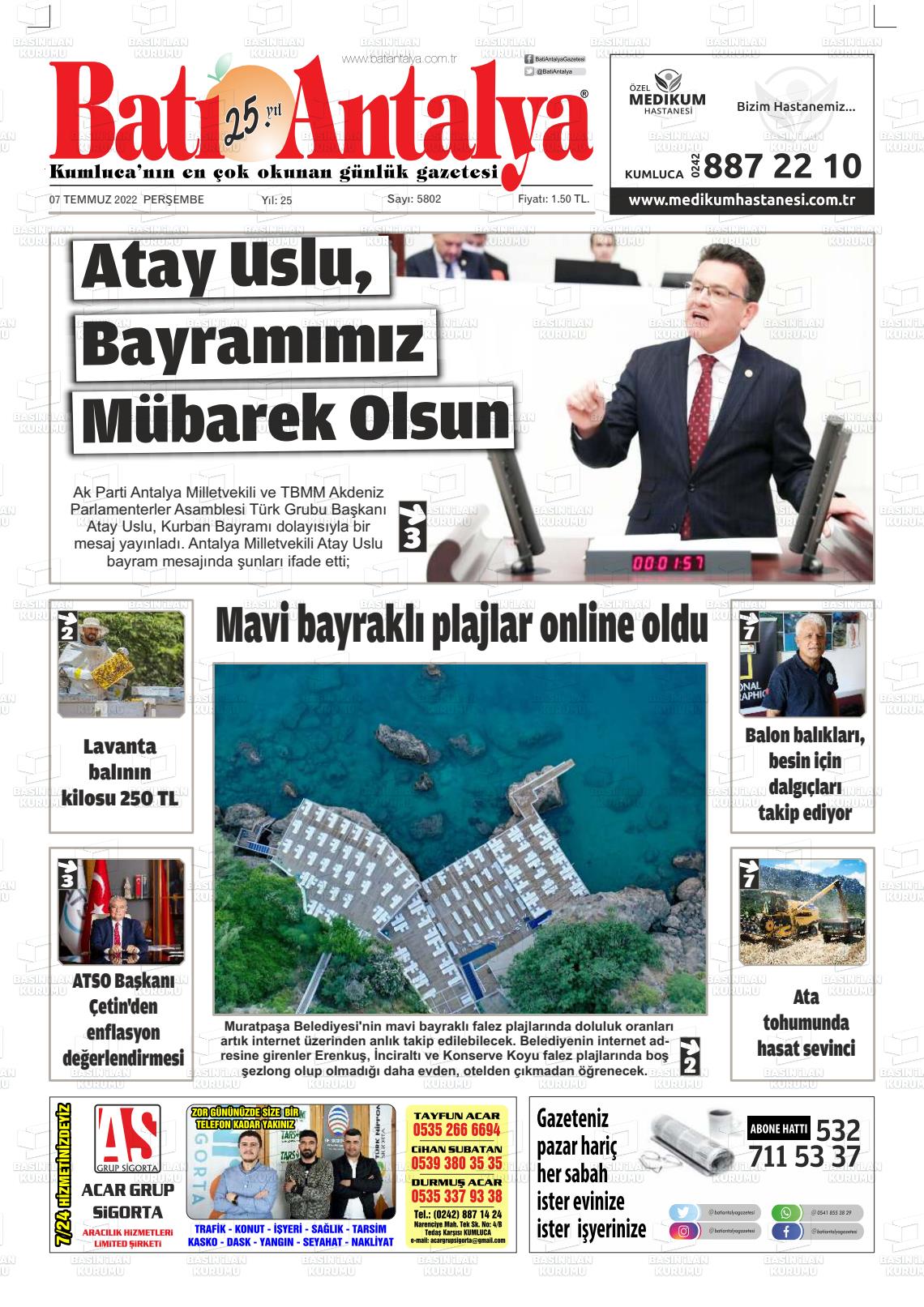 07 Temmuz 2022 Batı Antalya Gazete Manşeti