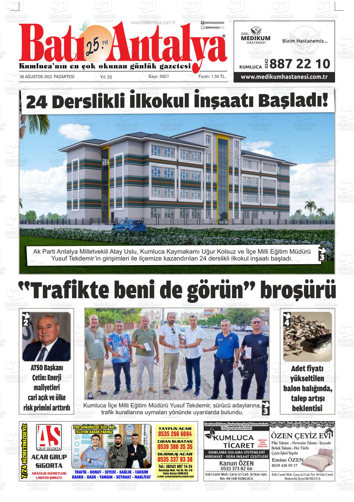 08 Ağustos 2022 Batı Antalya Gazete Manşeti