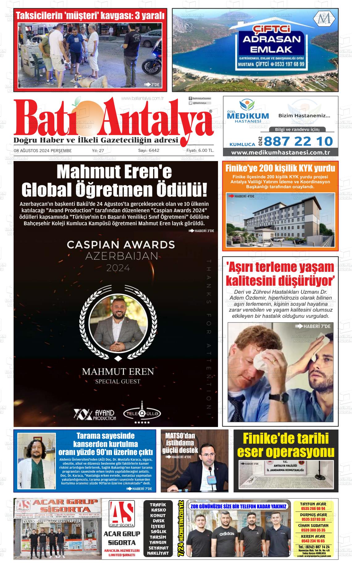 08 Ağustos 2024 Batı Antalya Gazete Manşeti