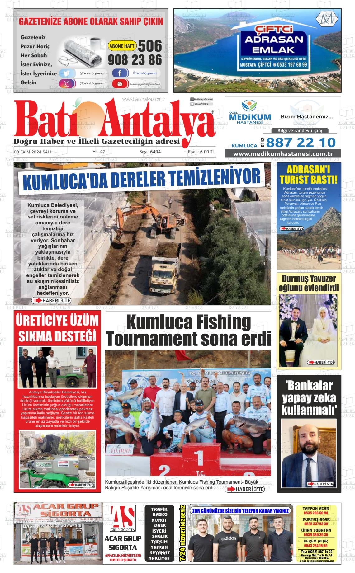 08 Ekim 2024 Batı Antalya Gazete Manşeti