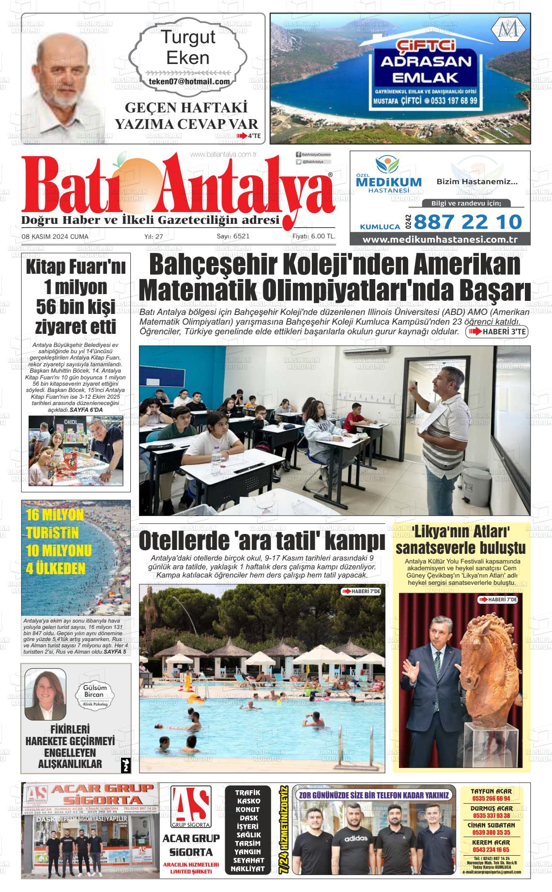 08 Kasım 2024 Batı Antalya Gazete Manşeti