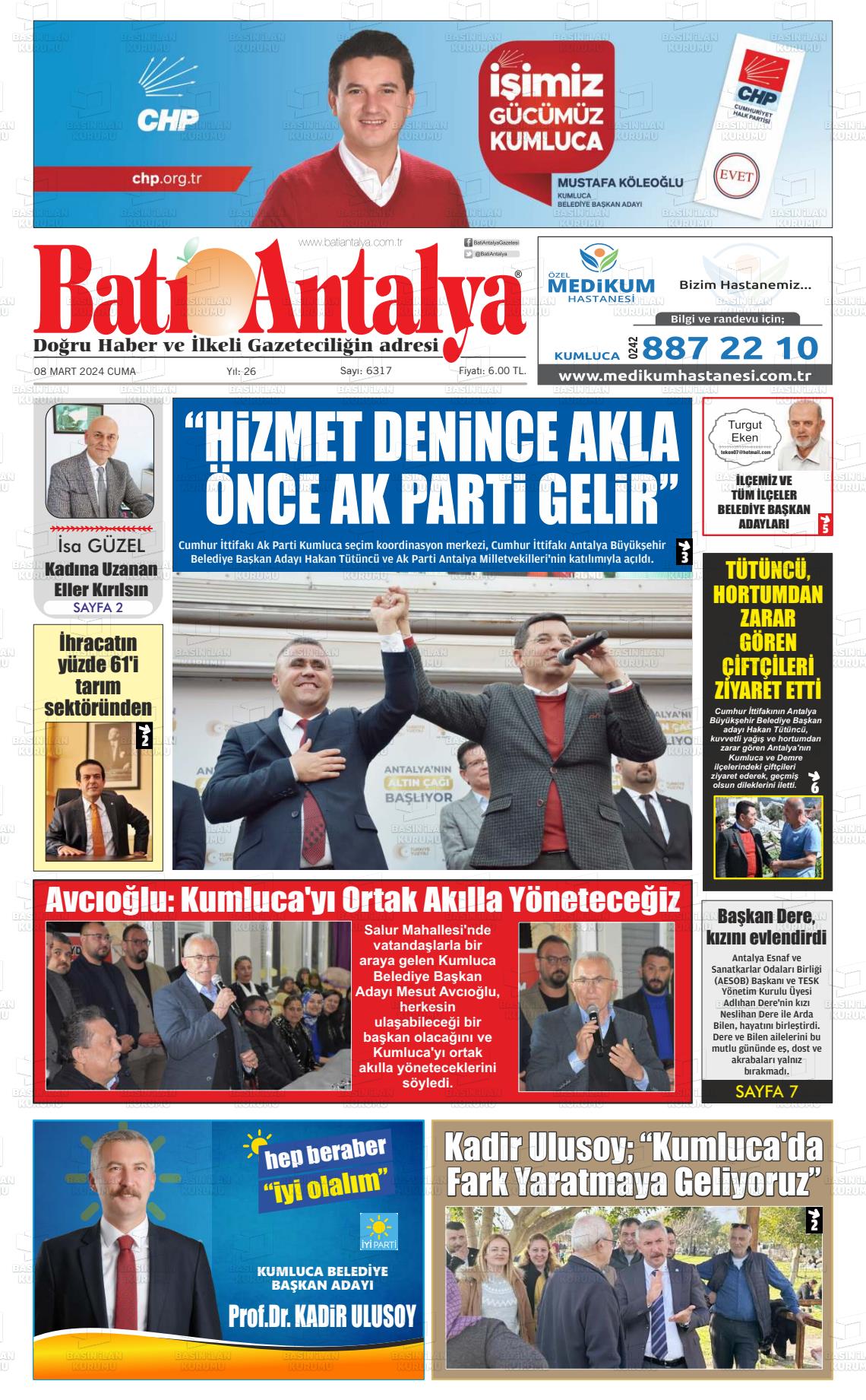 08 Mart 2024 Batı Antalya Gazete Manşeti