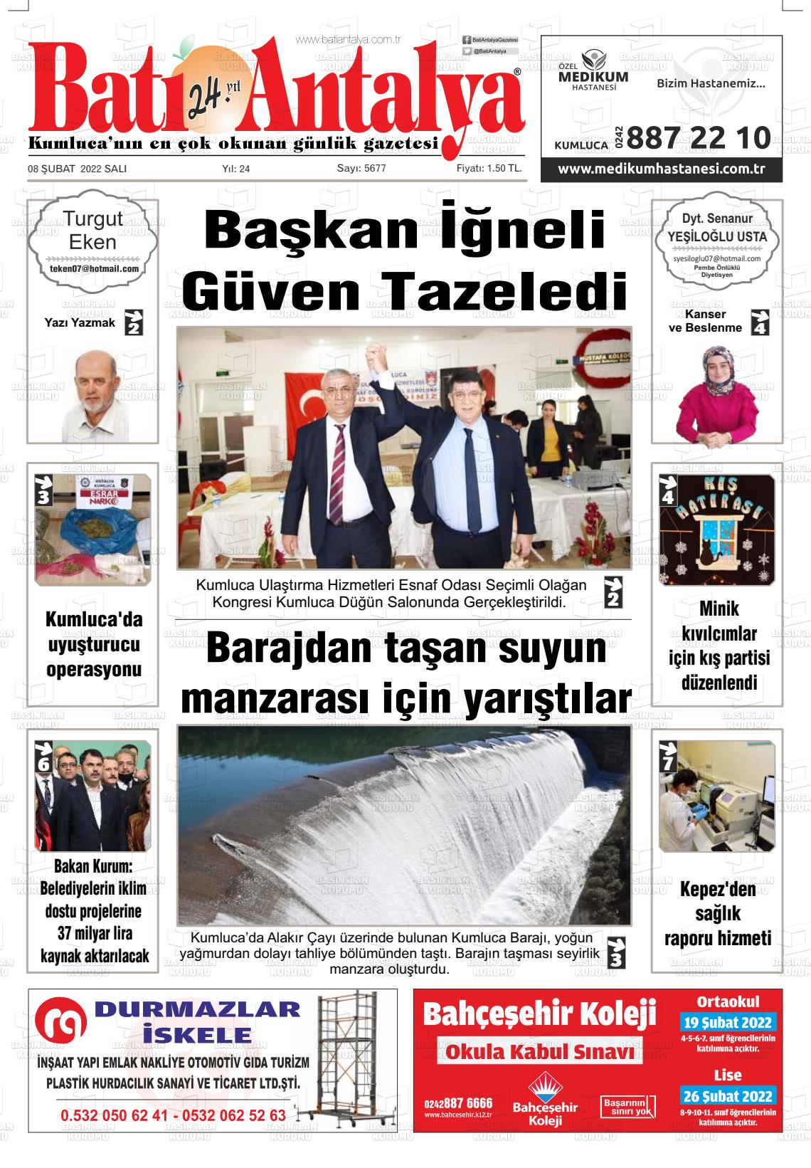 08 Şubat 2022 Batı Antalya Gazete Manşeti