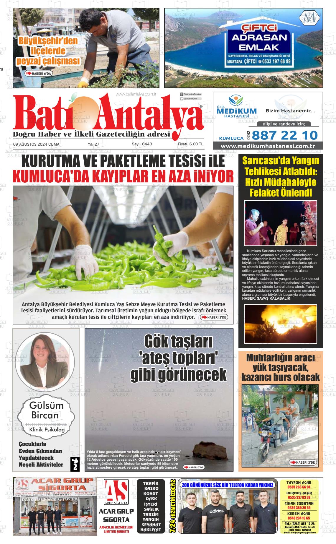 09 Ağustos 2024 Batı Antalya Gazete Manşeti