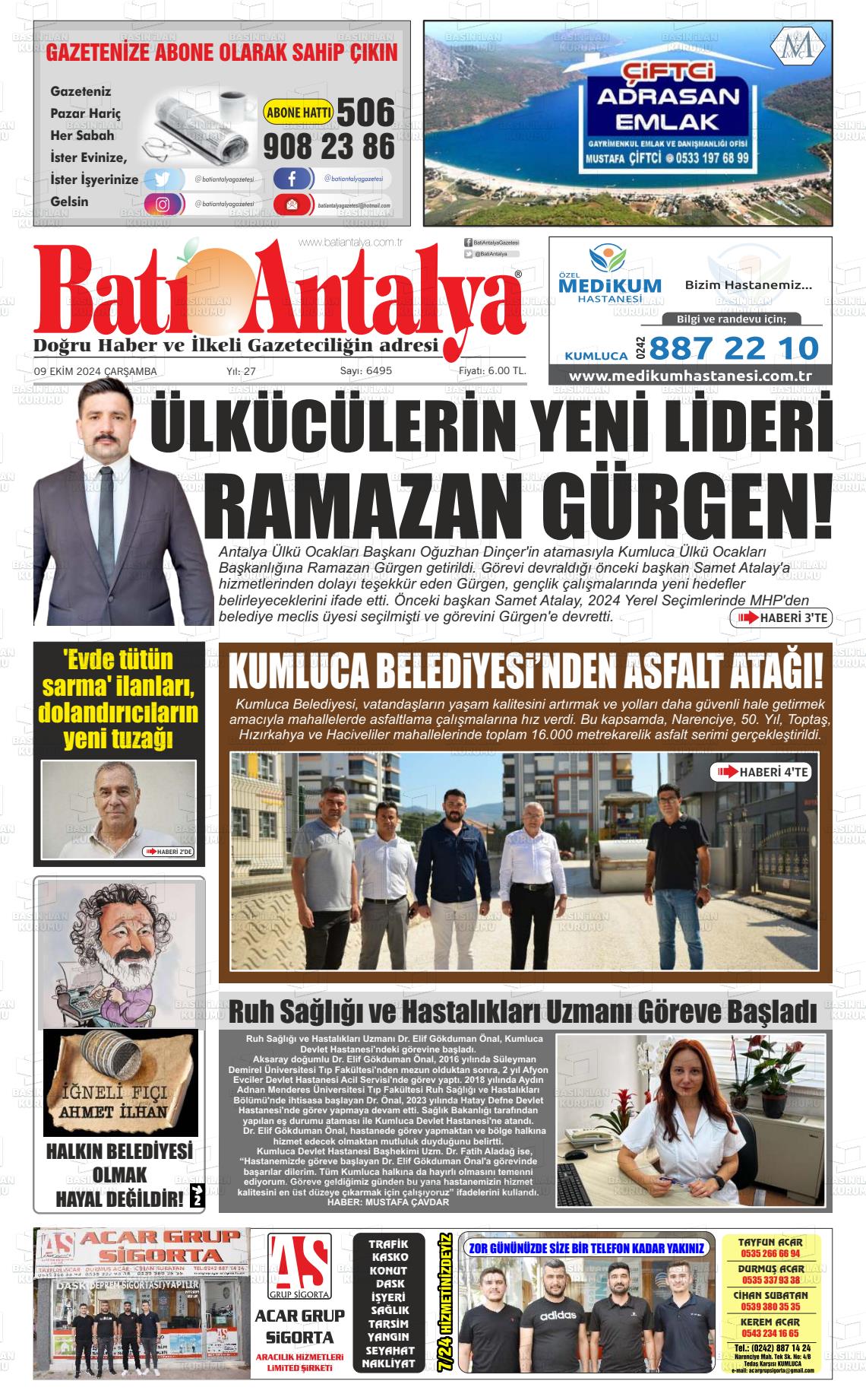 09 Ekim 2024 Batı Antalya Gazete Manşeti