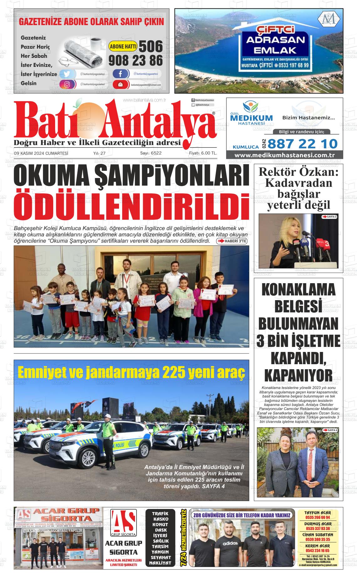 09 Kasım 2024 Batı Antalya Gazete Manşeti