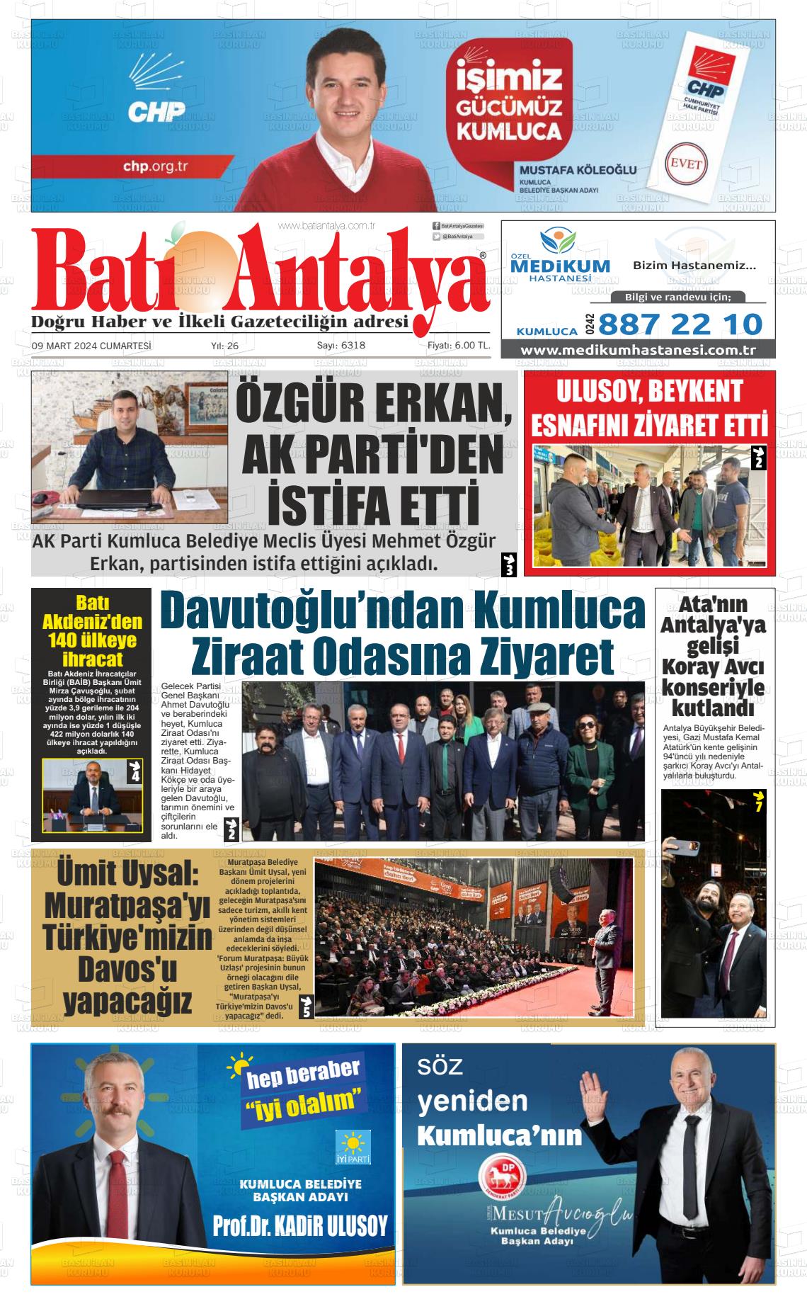 09 Mart 2024 Batı Antalya Gazete Manşeti