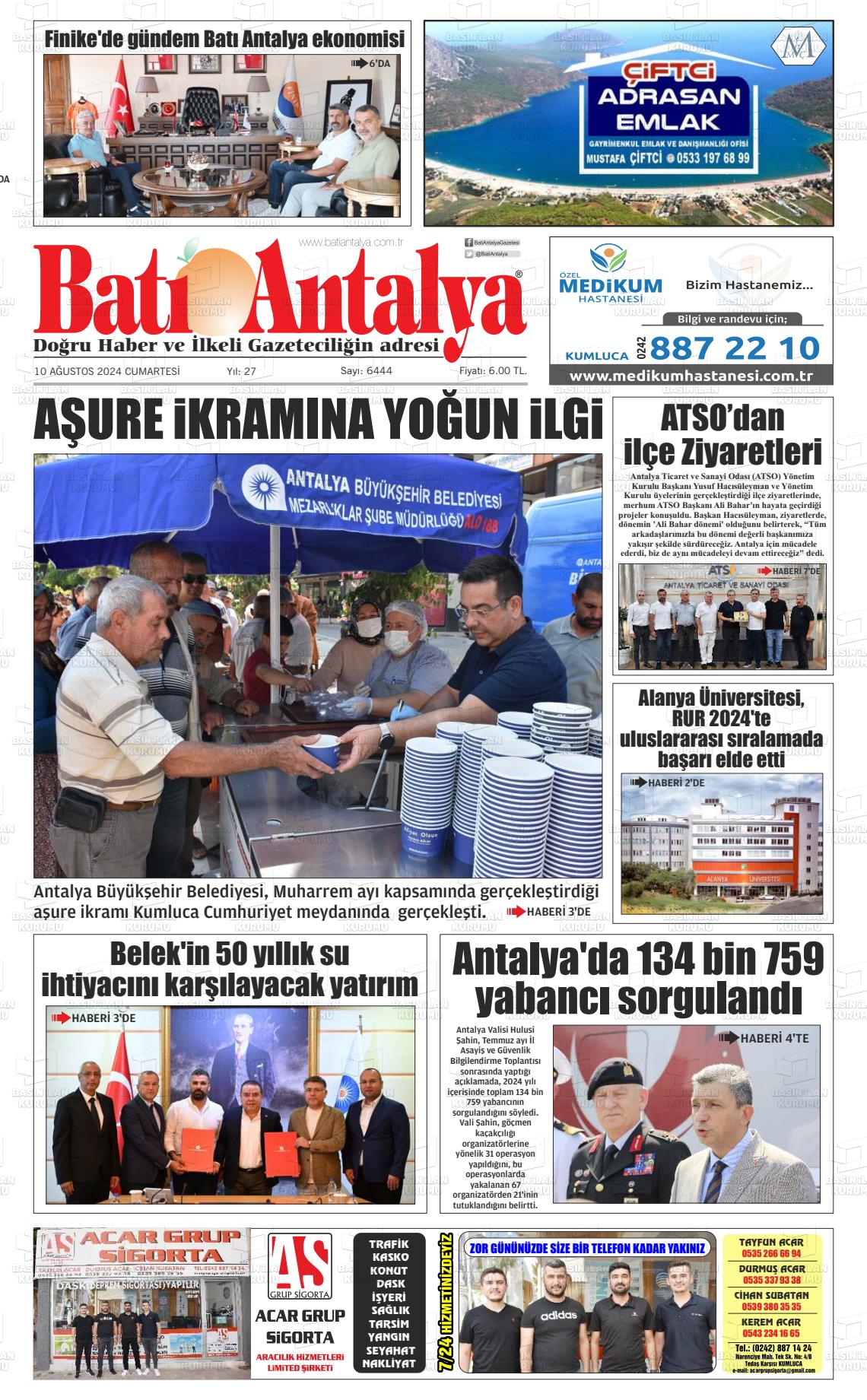 10 Ağustos 2024 Batı Antalya Gazete Manşeti