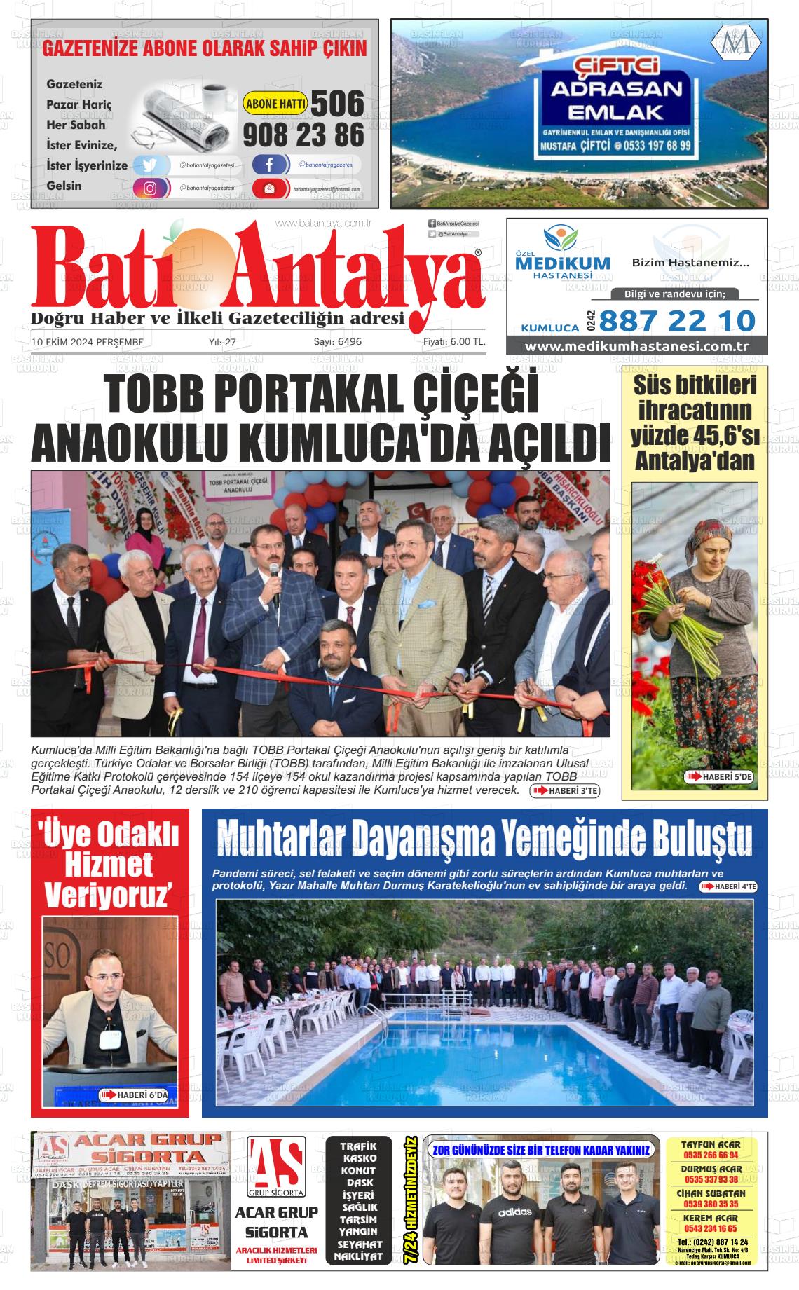 10 Ekim 2024 Batı Antalya Gazete Manşeti