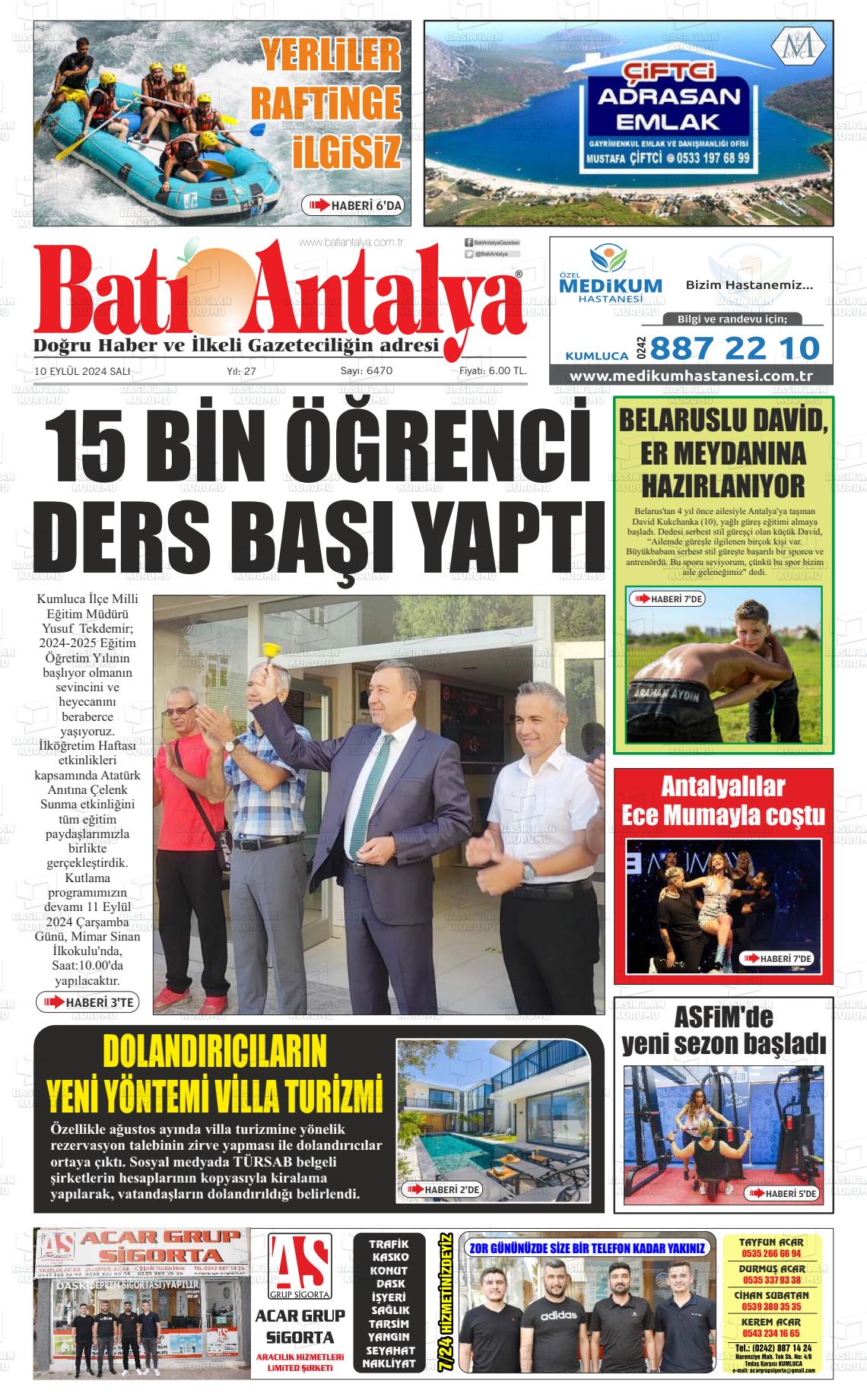 10 Eylül 2024 Batı Antalya Gazete Manşeti