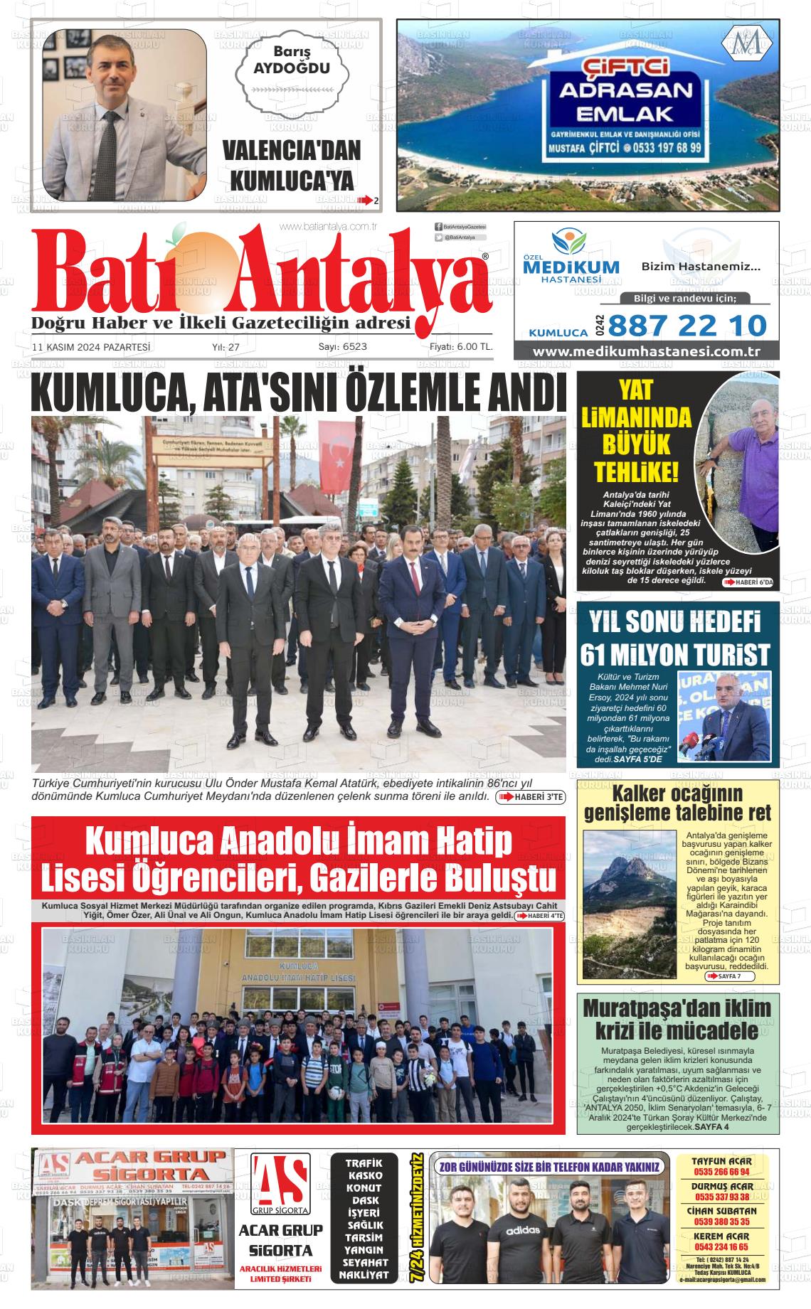 11 Kasım 2024 Batı Antalya Gazete Manşeti