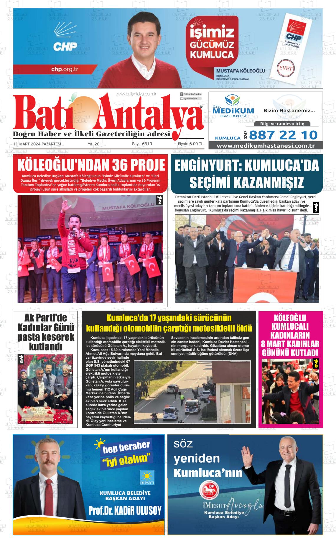 11 Mart 2024 Batı Antalya Gazete Manşeti