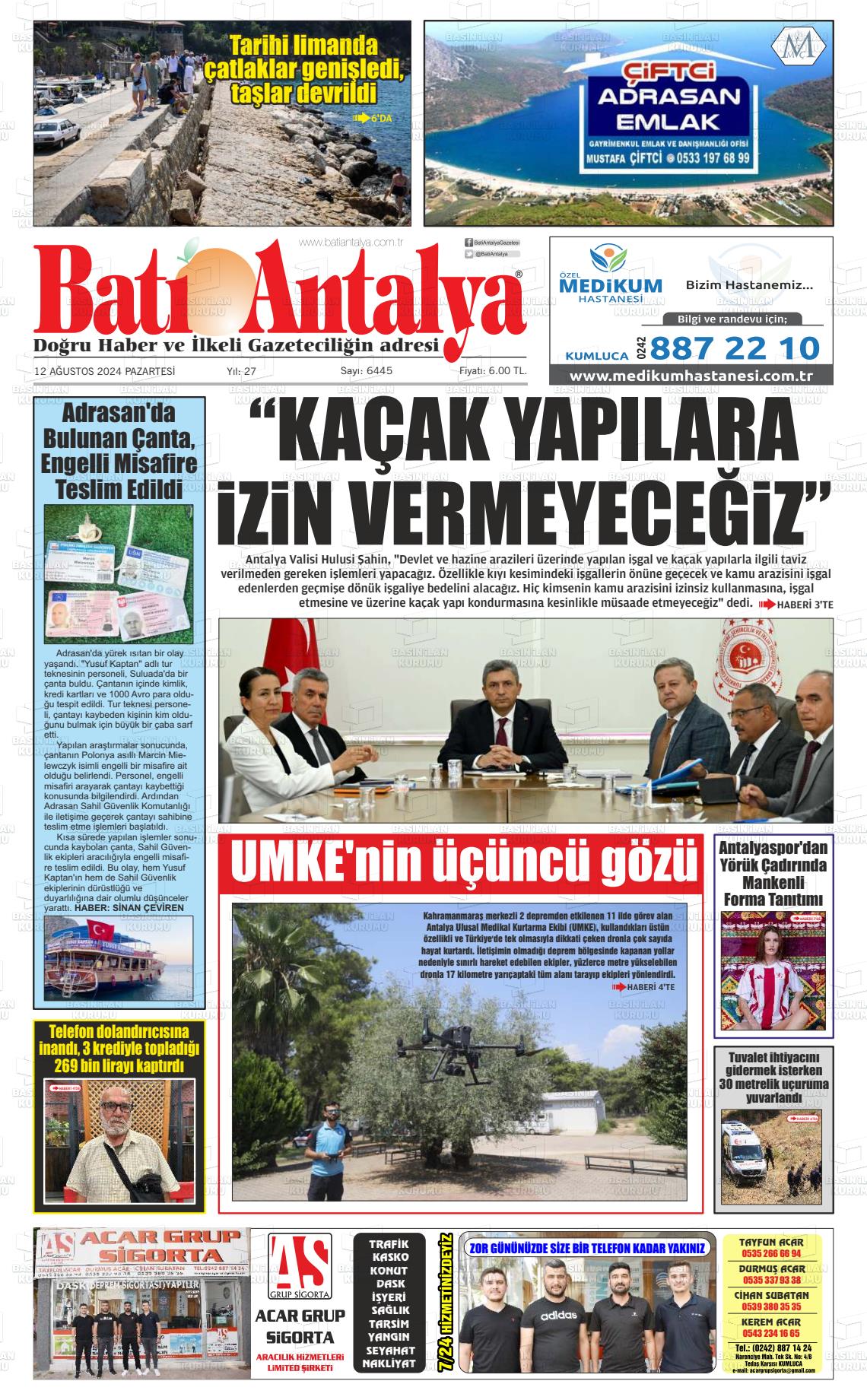 12 Ağustos 2024 Batı Antalya Gazete Manşeti