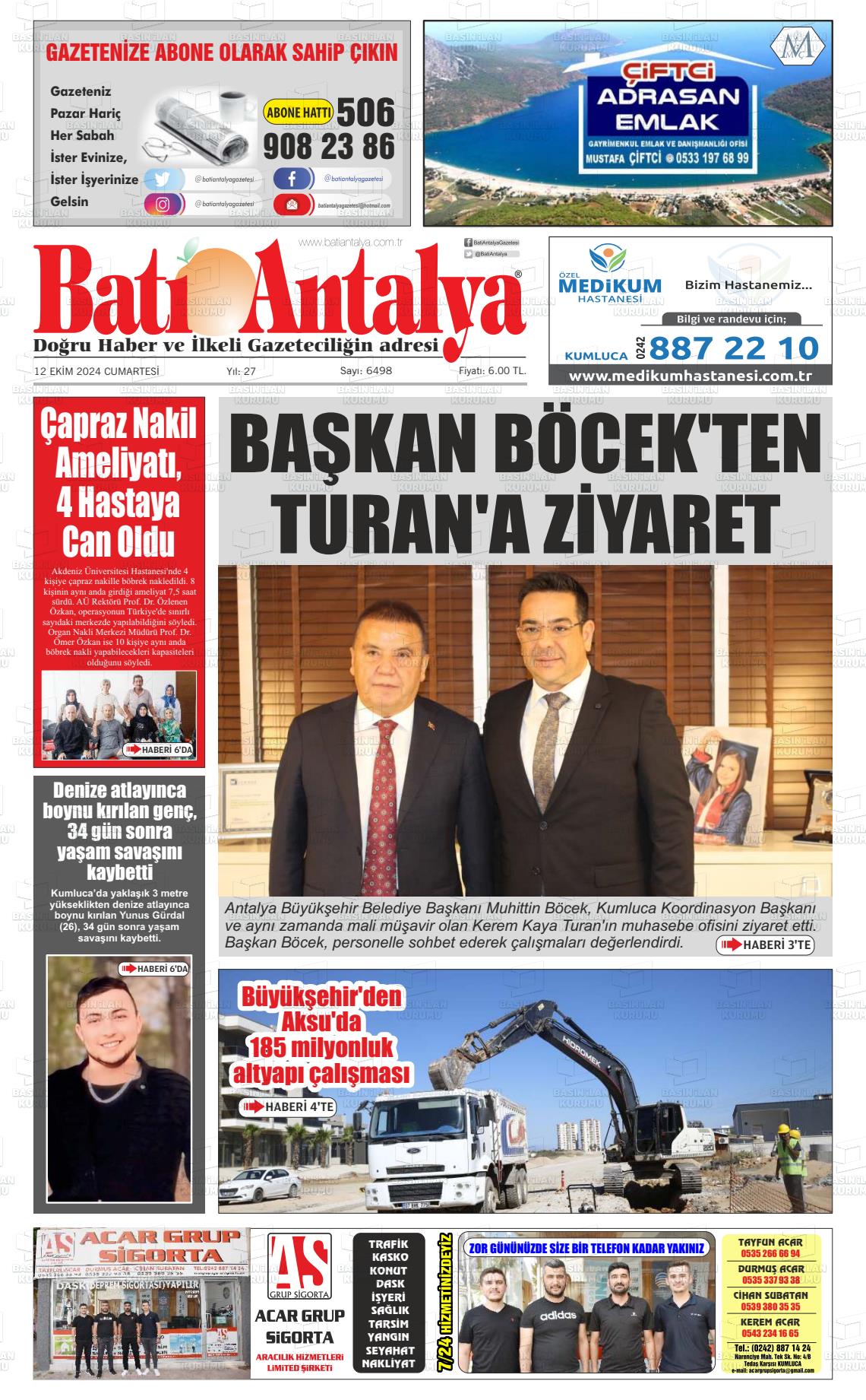 12 Ekim 2024 Batı Antalya Gazete Manşeti