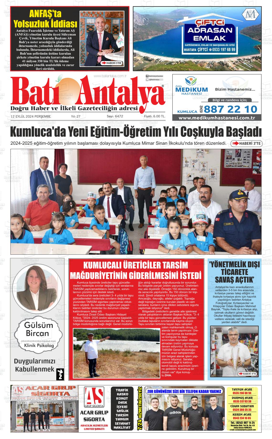 12 Eylül 2024 Batı Antalya Gazete Manşeti