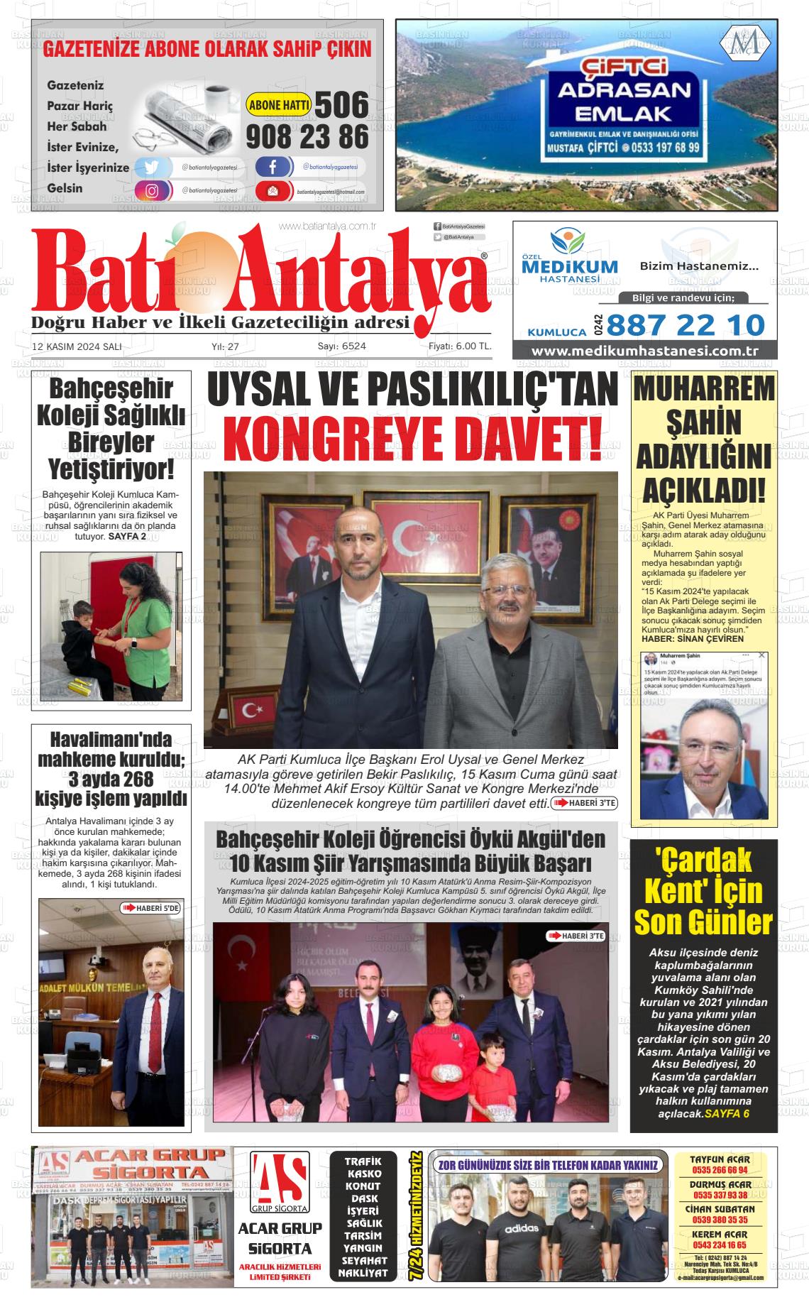 12 Kasım 2024 Batı Antalya Gazete Manşeti