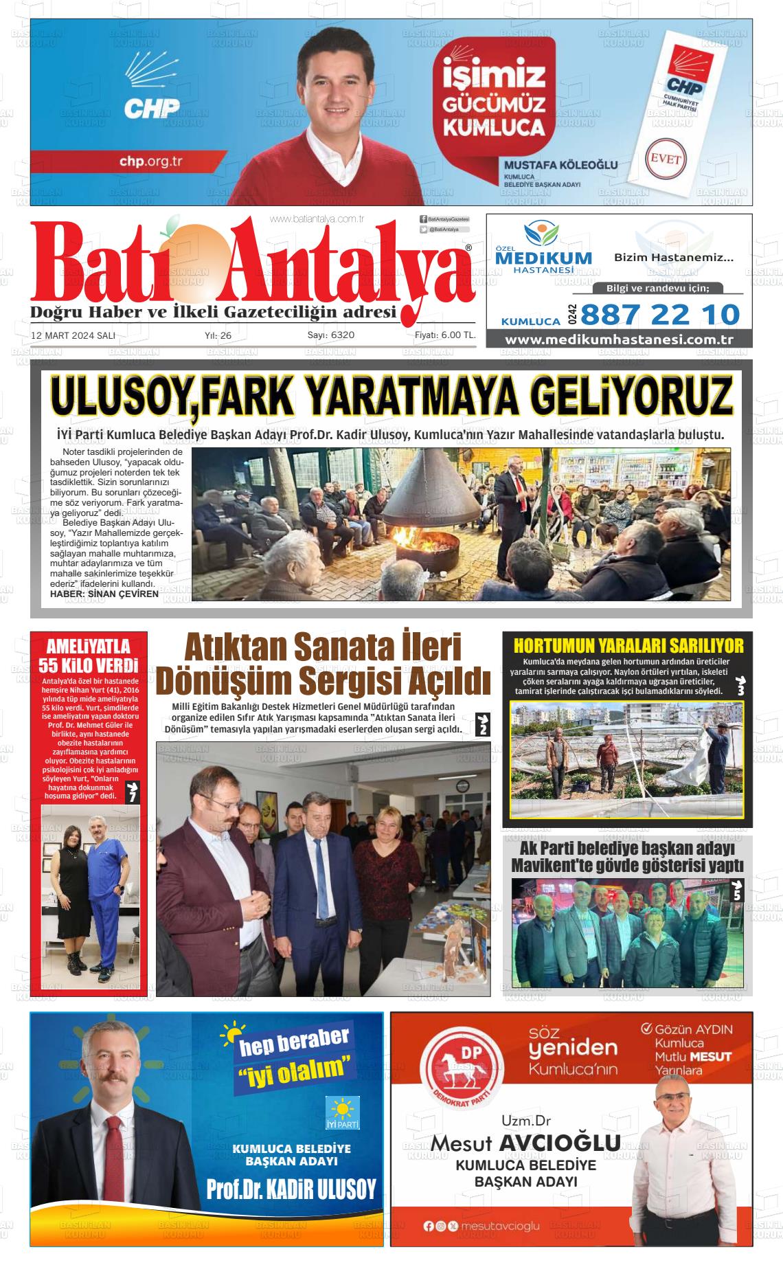 12 Mart 2024 Batı Antalya Gazete Manşeti