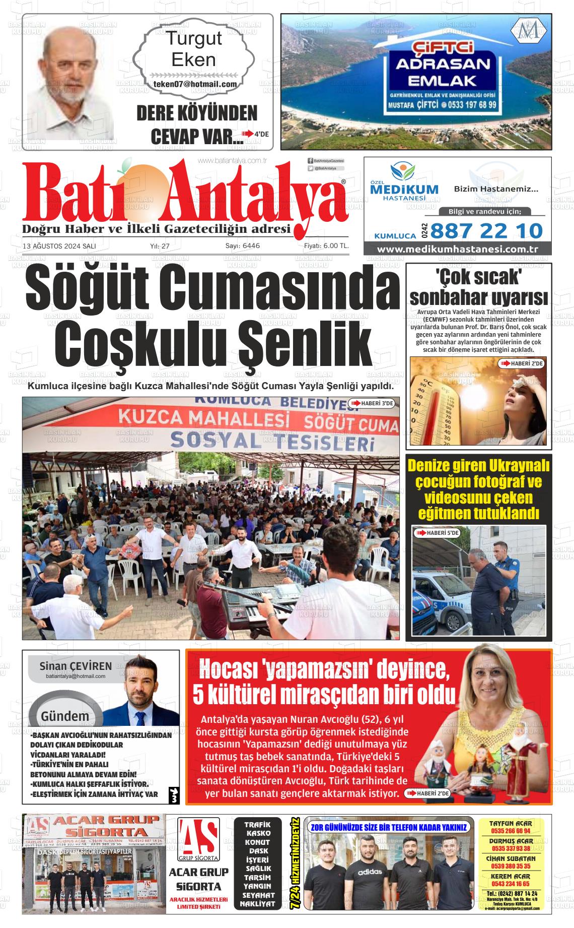 13 Ağustos 2024 Batı Antalya Gazete Manşeti