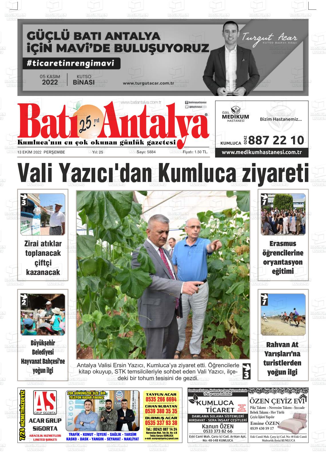 13 Ekim 2022 Batı Antalya Gazete Manşeti