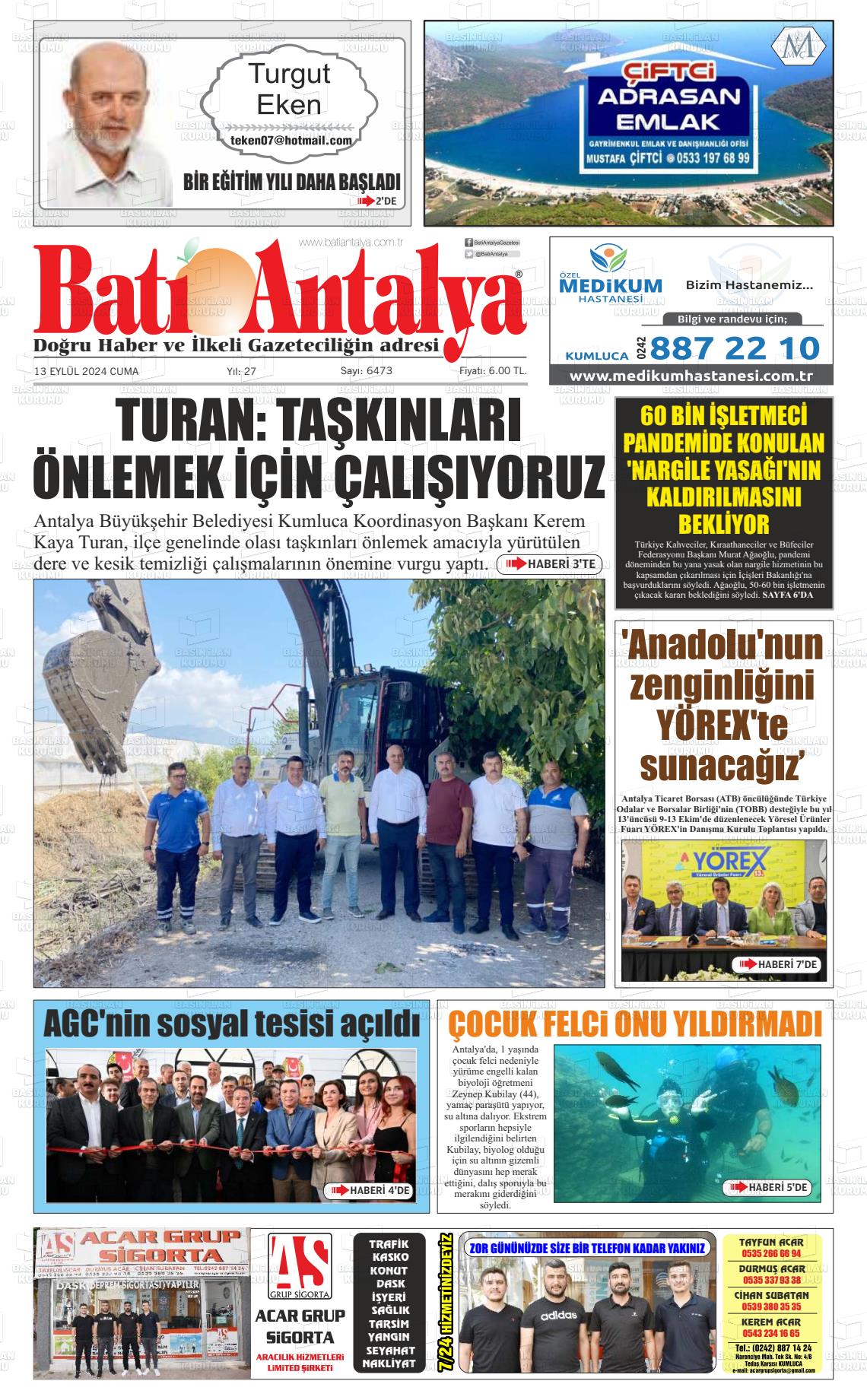 13 Eylül 2024 Batı Antalya Gazete Manşeti