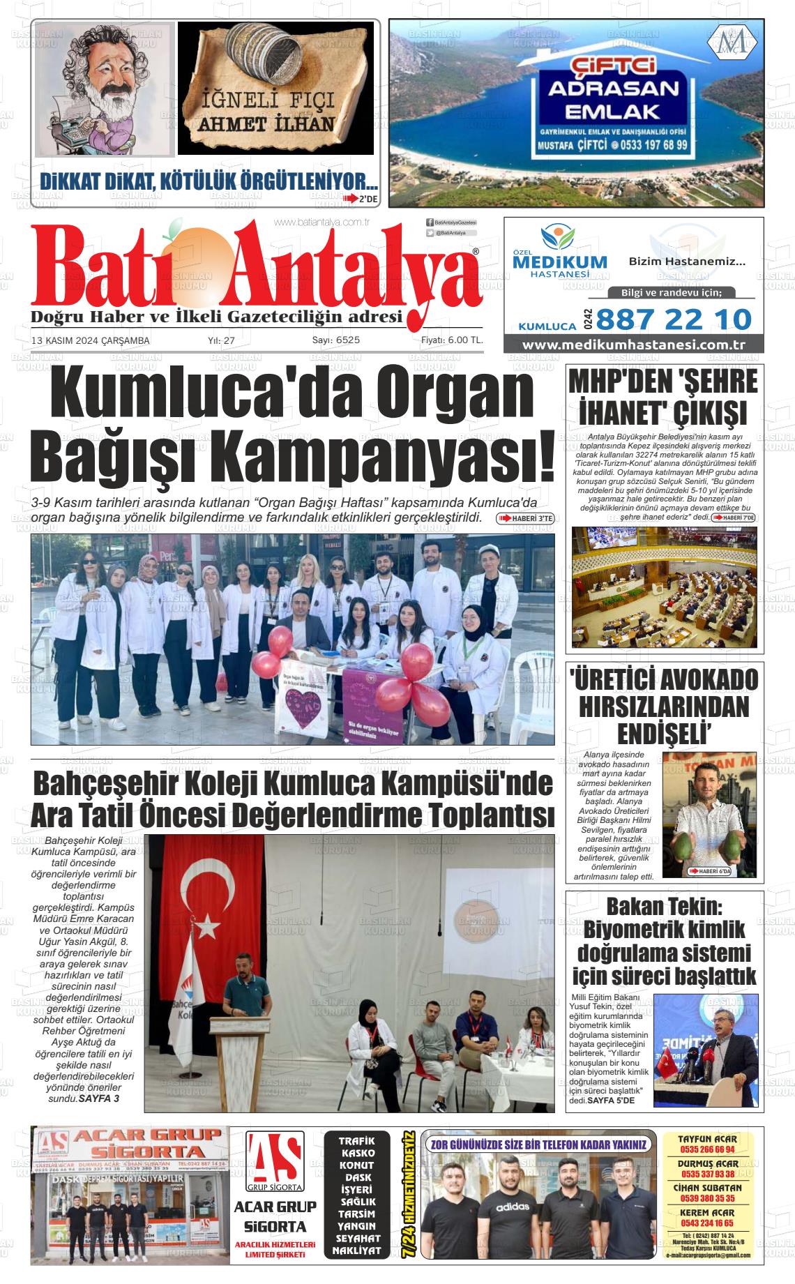 13 Kasım 2024 Batı Antalya Gazete Manşeti