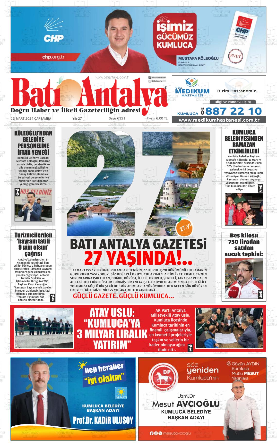 13 Mart 2024 Batı Antalya Gazete Manşeti