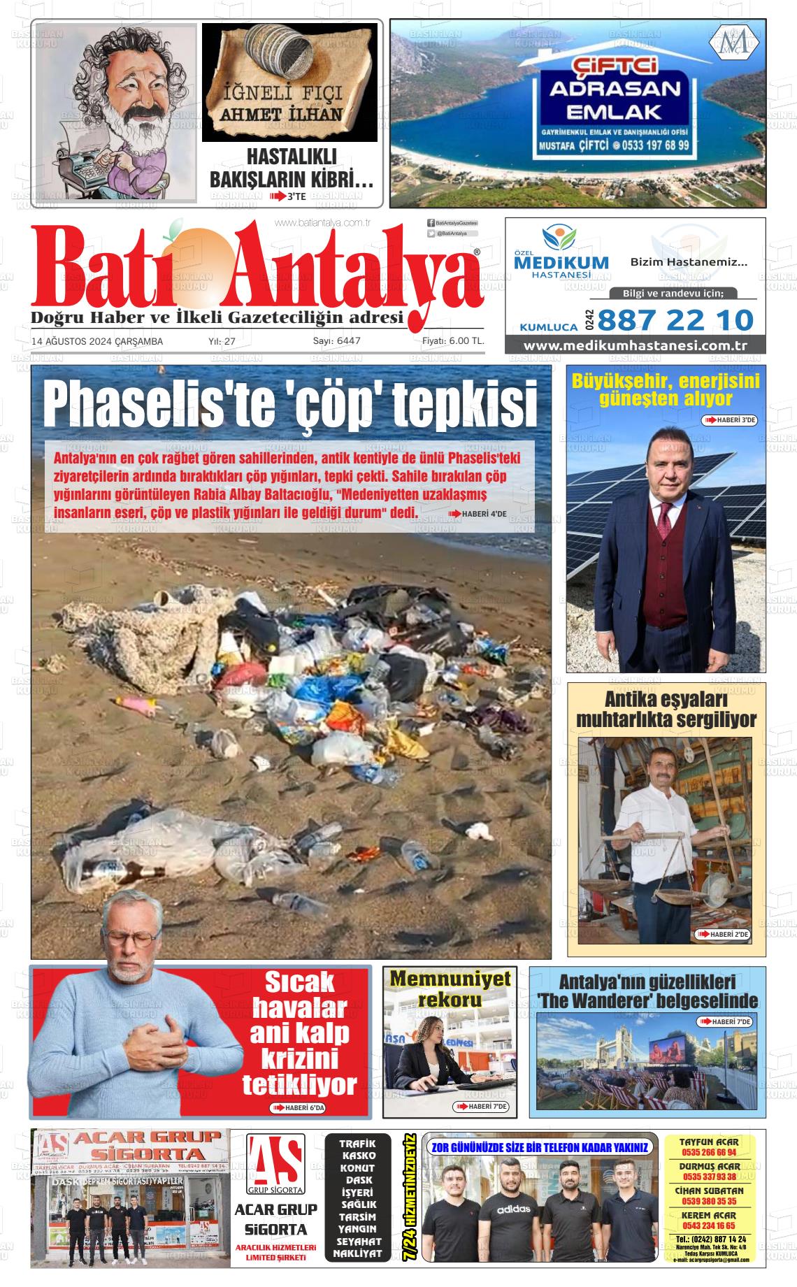 14 Ağustos 2024 Batı Antalya Gazete Manşeti