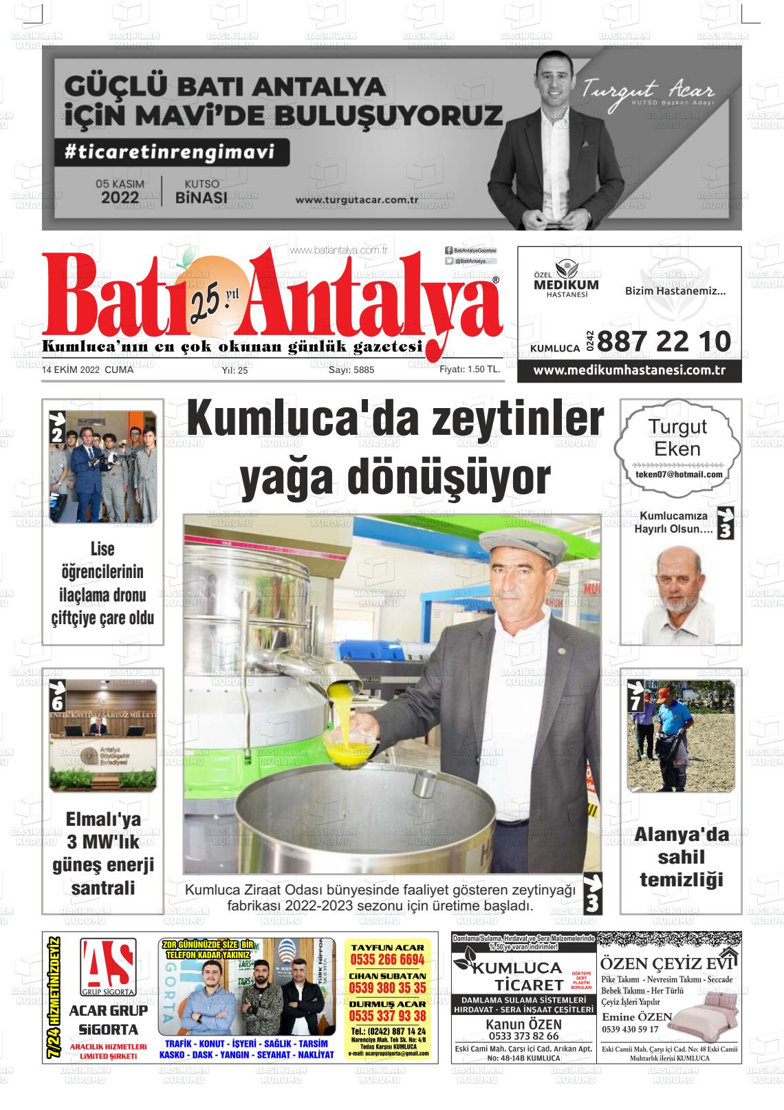 14 Ekim 2022 Batı Antalya Gazete Manşeti