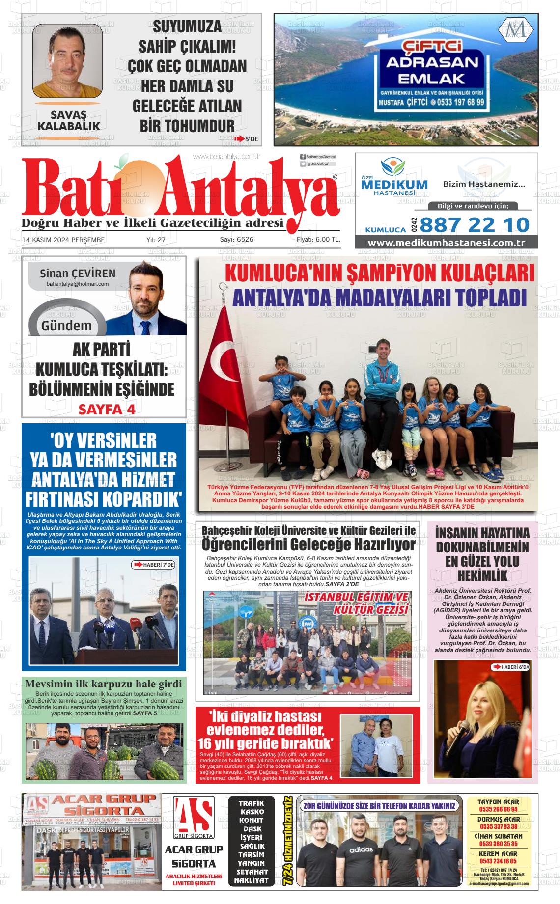 14 Kasım 2024 Batı Antalya Gazete Manşeti