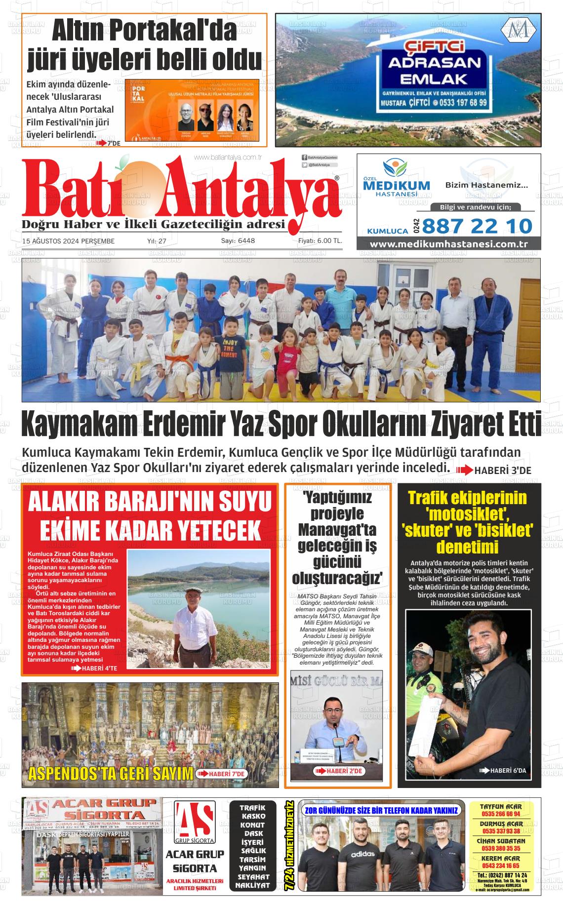 15 Ağustos 2024 Batı Antalya Gazete Manşeti