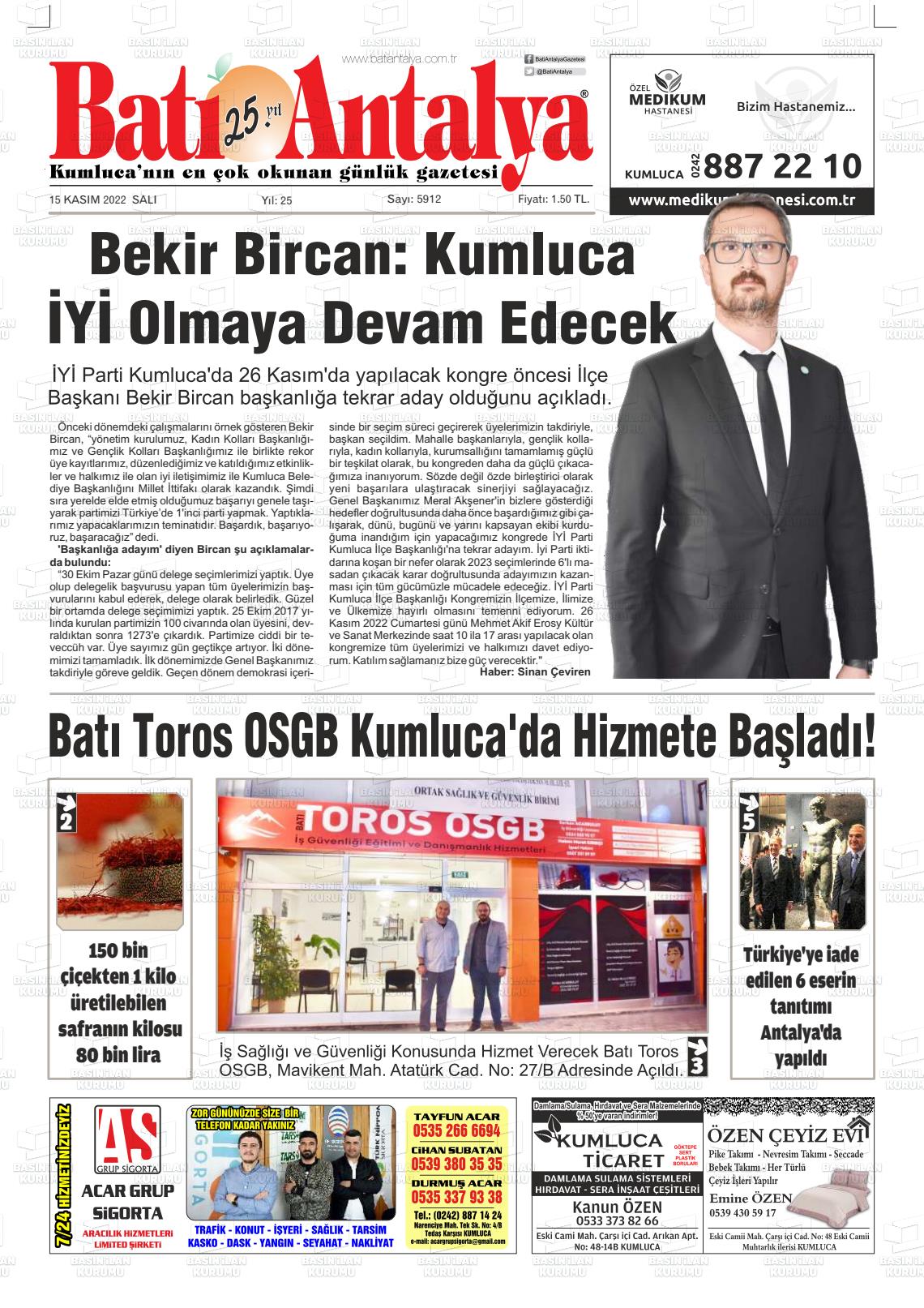 15 Kasım 2022 Batı Antalya Gazete Manşeti