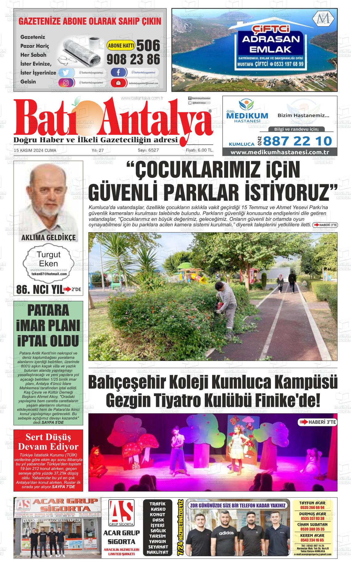 15 Kasım 2024 Batı Antalya Gazete Manşeti