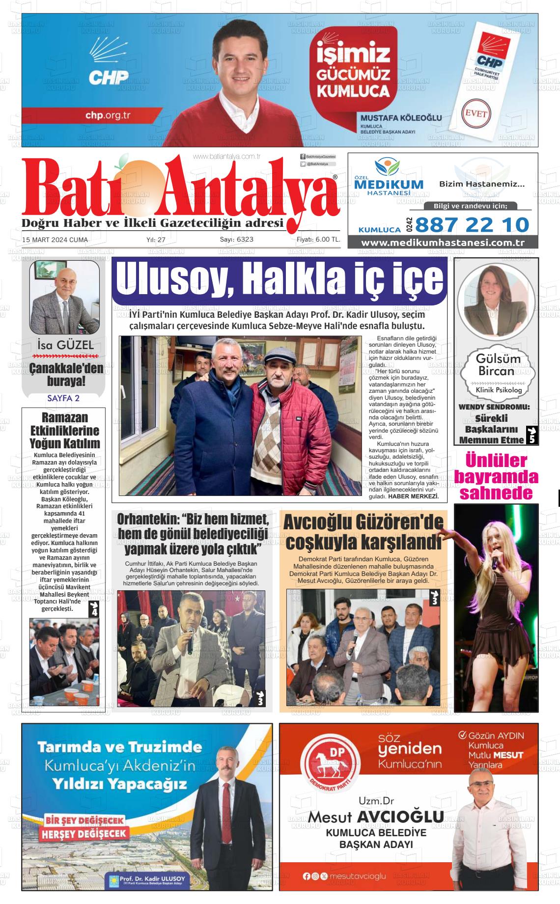 15 Mart 2024 Batı Antalya Gazete Manşeti