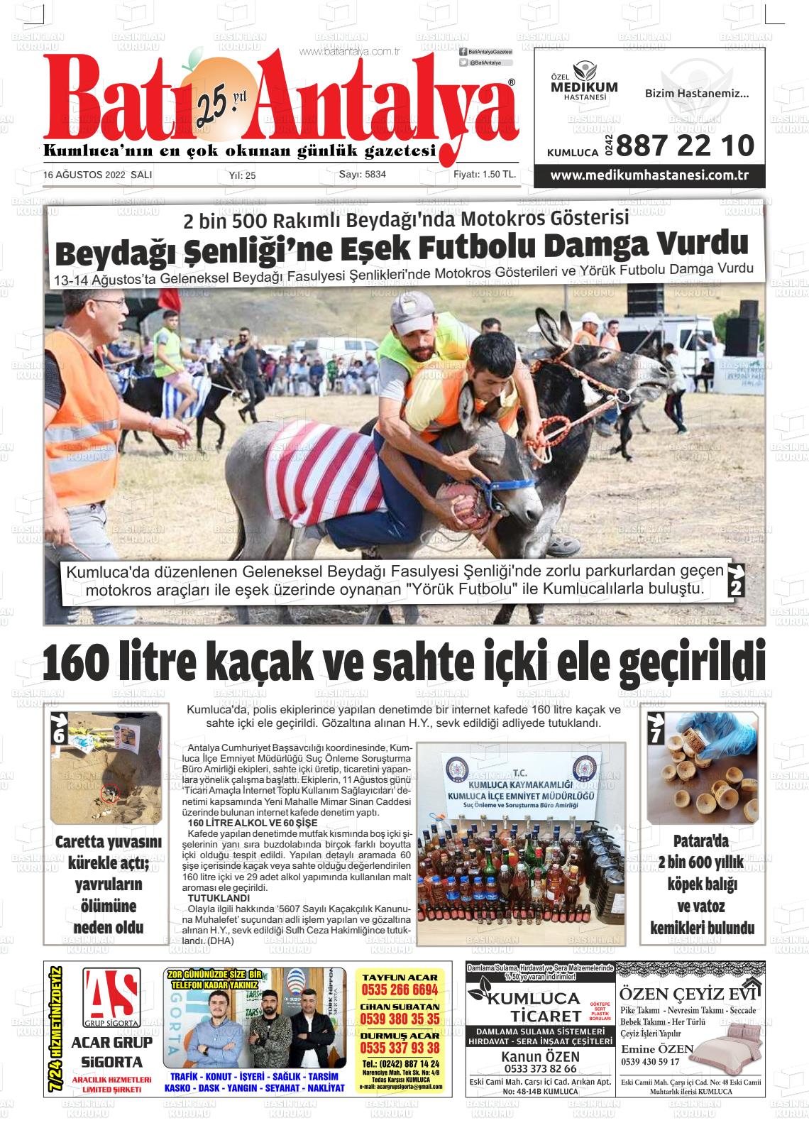 16 Ağustos 2022 Batı Antalya Gazete Manşeti