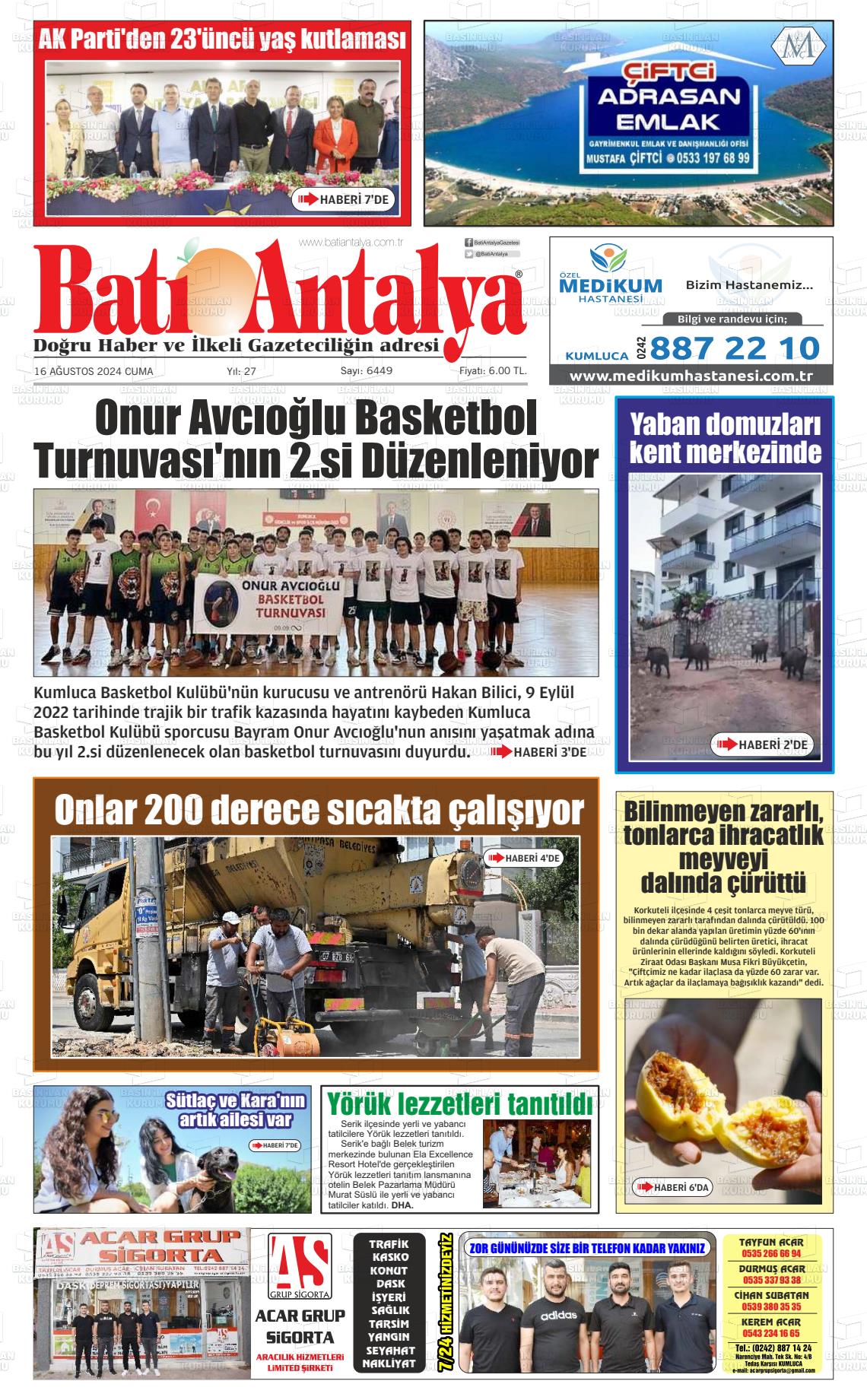 16 Ağustos 2024 Batı Antalya Gazete Manşeti