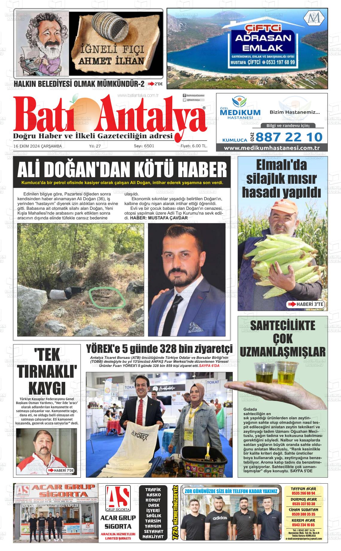 16 Ekim 2024 Batı Antalya Gazete Manşeti