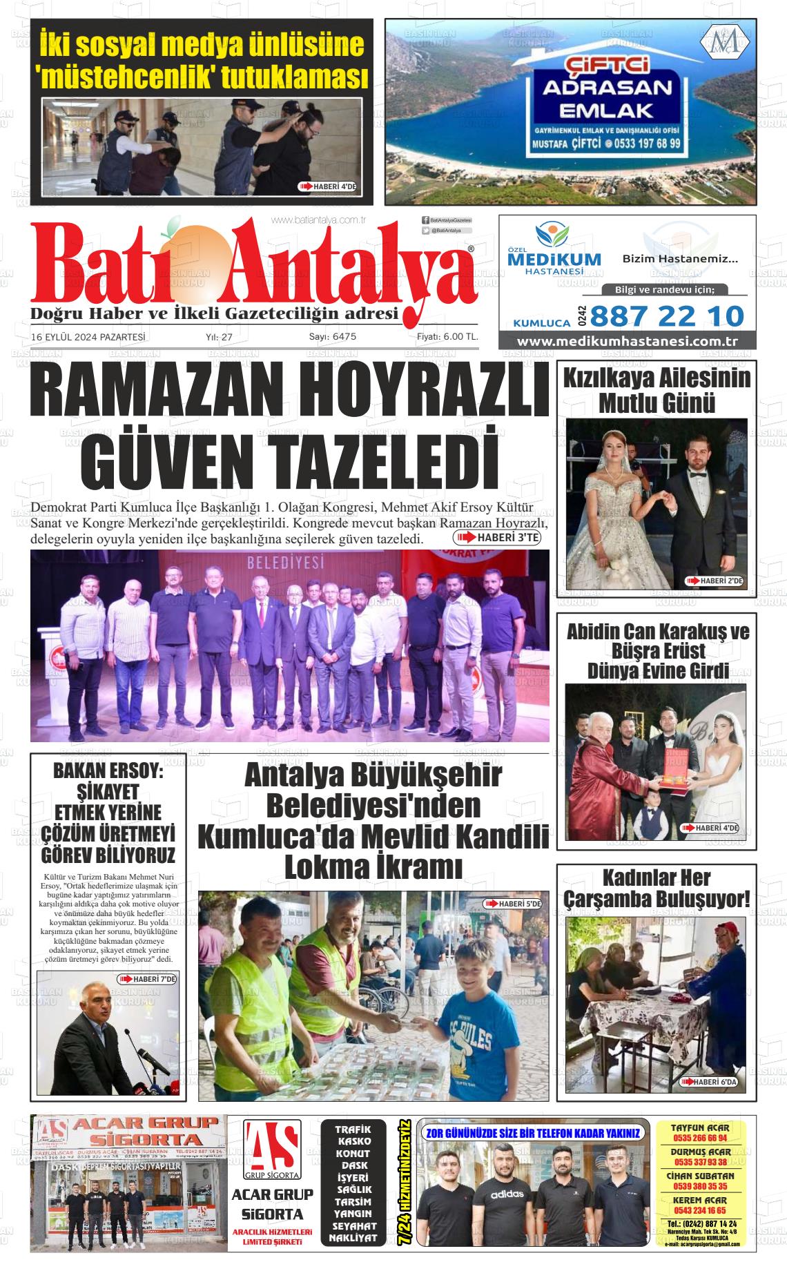 16 Eylül 2024 Batı Antalya Gazete Manşeti